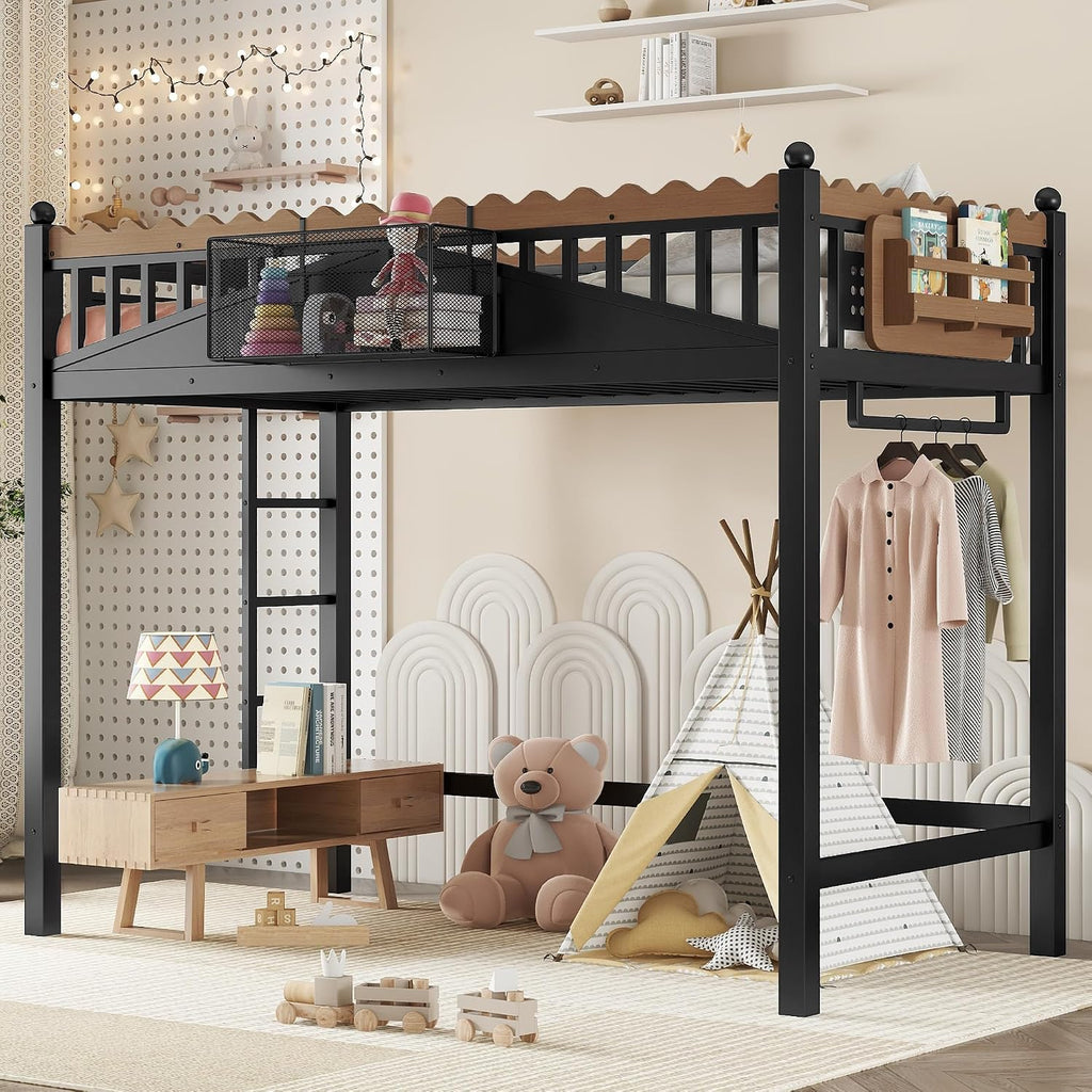 JIVOIT Metal Loft Bed with Built-in Storage Shelves and Bookshelf, Twin XL Size Metal Loft Bed with Safe Ladder & Guardrail, Space-Saving Loft Bed, No Box Spring Needed and Chic Design