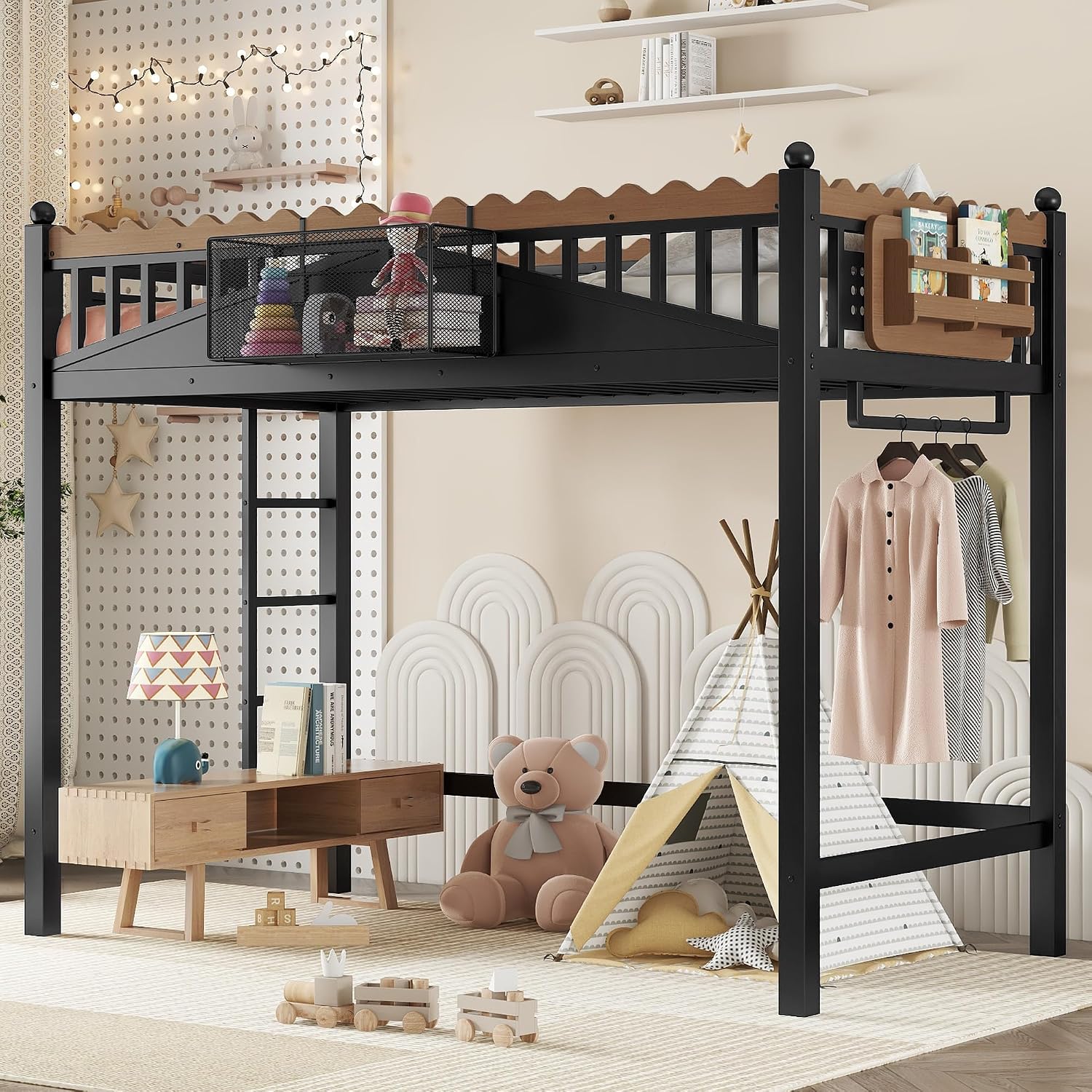 JIVOIT Metal Loft Bed with Built-in Storage Shelves and Bookshelf, Twin XL Size Metal Loft Bed with Safe Ladder & Guardrail, Space-Saving Loft Bed, No Box Spring Needed and Chic Design