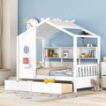 Twin Size Montessori Floor Bed with Roof & Window,Kids House Bed with 2 Drawers & Storage Shelf,Cute Playhouse Bed Frame for Kids,Wooden House Bed Frame No Box Spring Needed,Can be Decorated,White