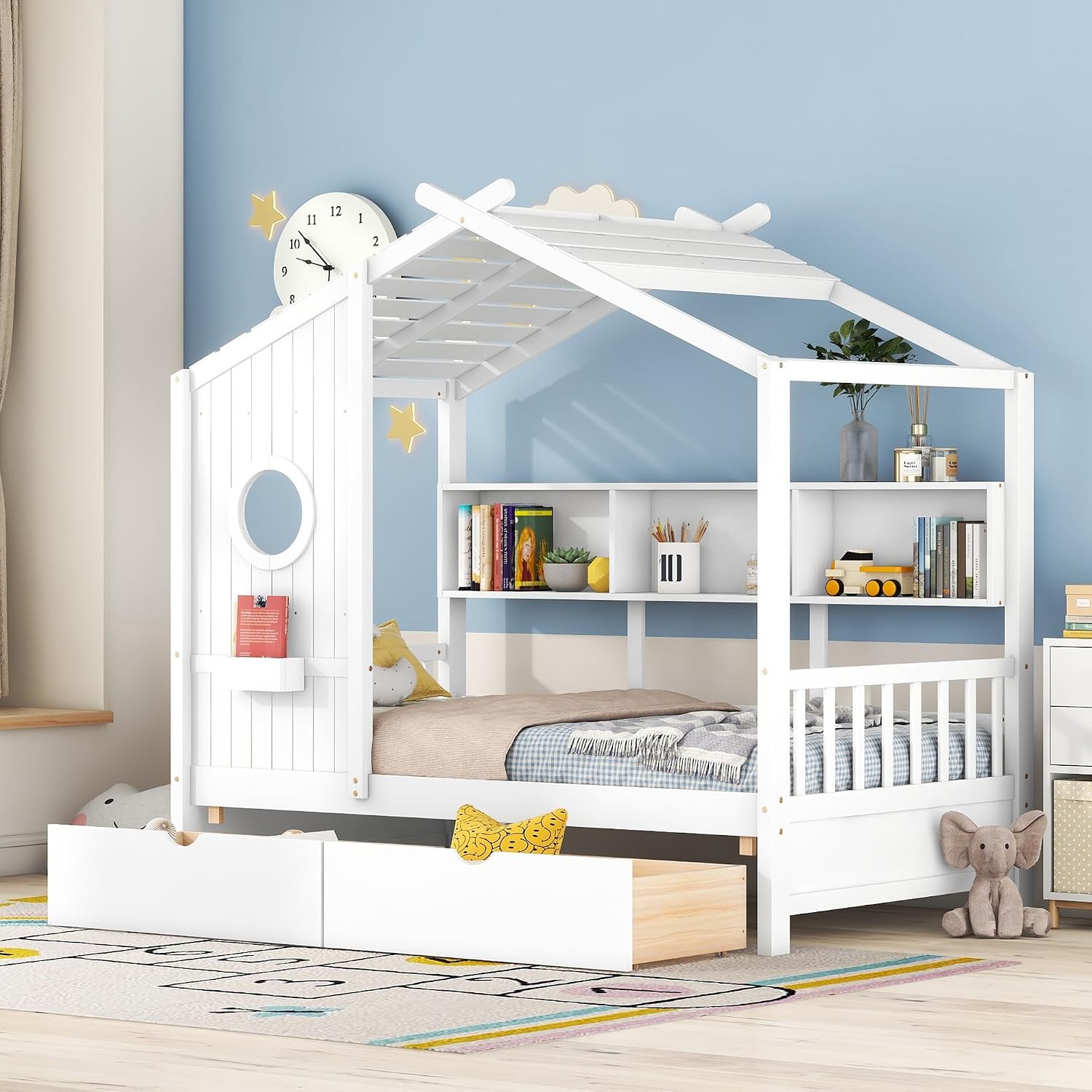 Twin Size Montessori Floor Bed with Roof & Window,Kids House Bed with 2 Drawers & Storage Shelf,Cute Playhouse Bed Frame for Kids,Wooden House Bed Frame No Box Spring Needed,Can be Decorated,White