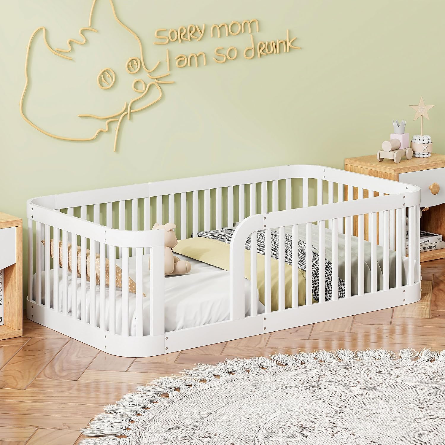Floor Bed with No Slat, Wood Platform Bed Frame with Fence for Bedroom,No Needed Box Spring (White, Twin)