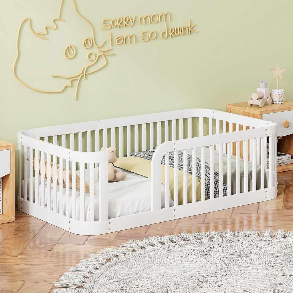 JIVOIT Twin Size Floor Bed Frame with Fence, Wood Montessori Floor Bed with Safety Guardrail, Easy Assembly (White/124)