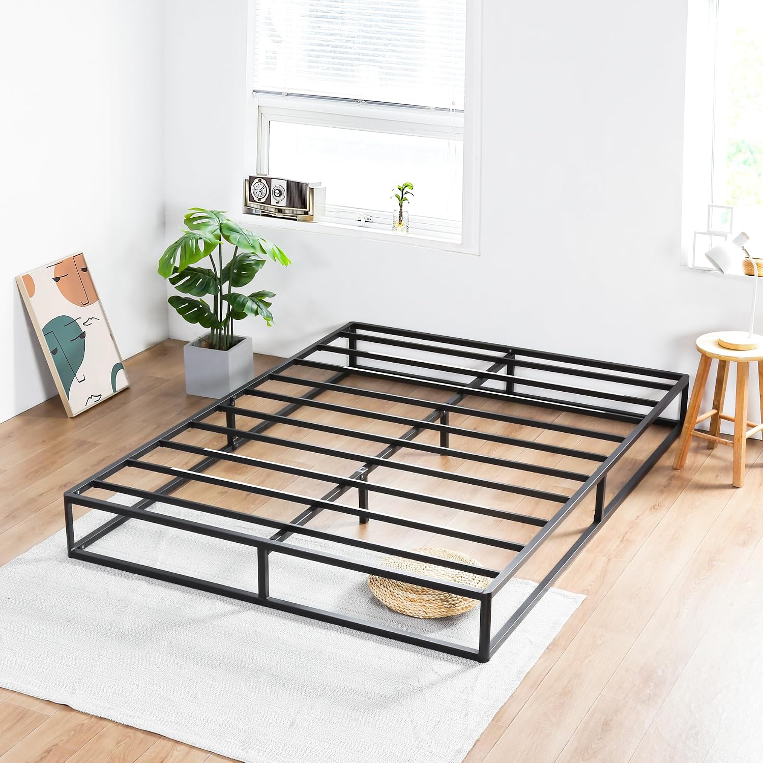 PrimaSleep 9 Inch Modern Metal Platform Bed Frame, Steel Slat Anti-Slip Support, Steel Mattress Foundation, No Box Spring Needed, Black, Full Size
