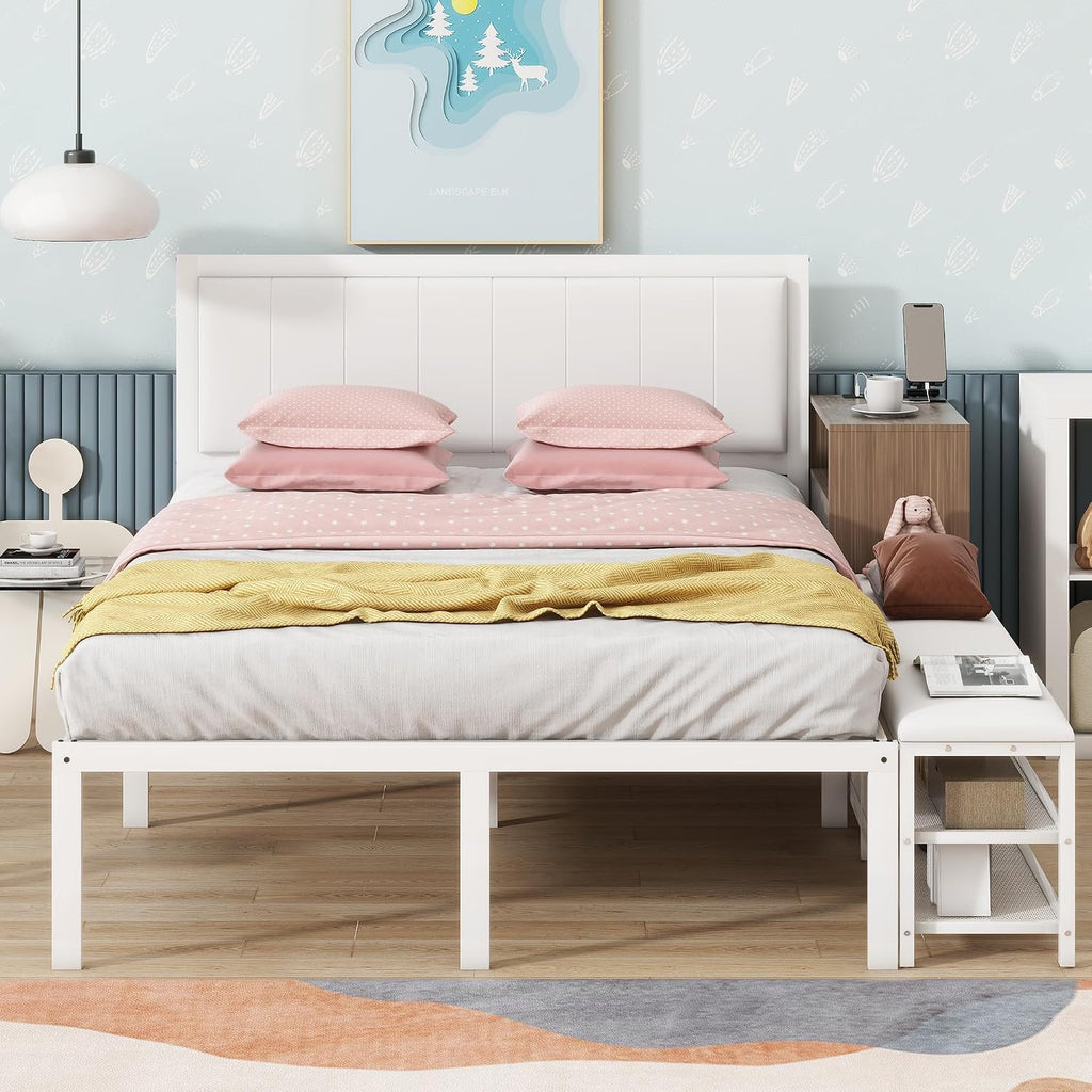 JIVOIT Full Size Bed Frame, Metal Platform Bed with Two-Tier Storage Shelves, Wooden Storage Cabinet, Upholstered Headboard, Cushioned Footrest at Bed's End, No Box Spring Needed (White/Full,223)