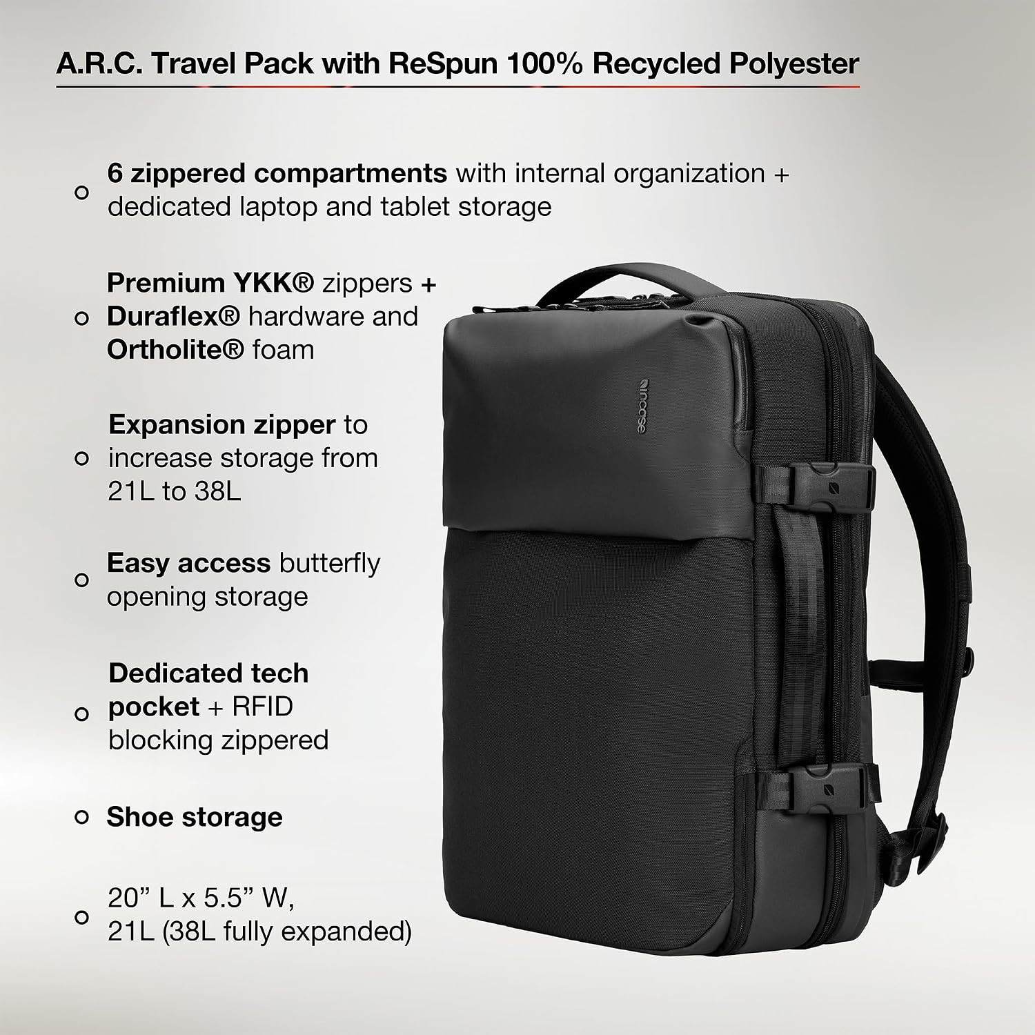 Incase A.R.C. Travel Backpack 38L – Expandable Carry On Luggage, Fits up to 17' Laptop – Butterfly Opening, Quick Access Pocket, Shoe Storage – Airplane Travel Essentials, Weekend Bag – Black