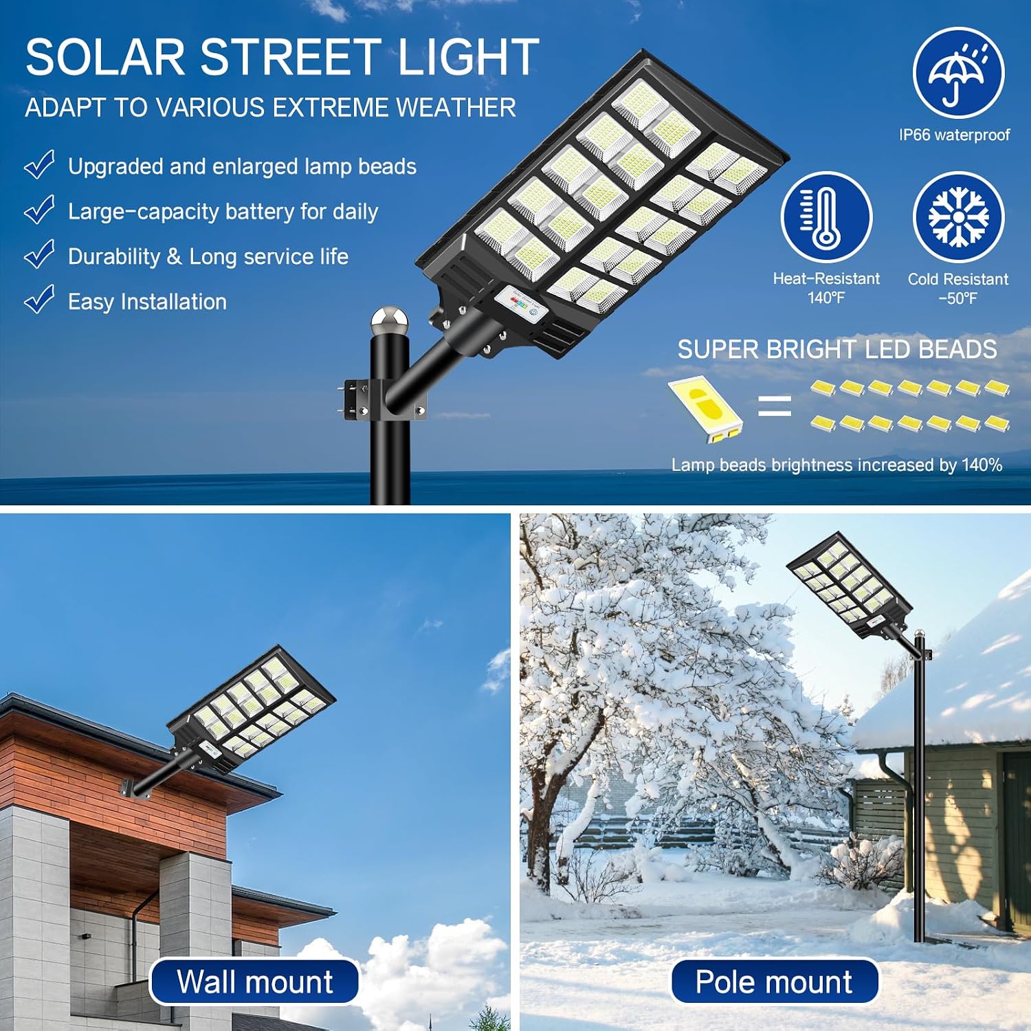 Solar Street Light 8000W, Solar Street Light Outdoor High Lumens, Solar Parking Lot Lights 6500K, Solar Lights Outdoor Motion Sensor Dusk to Dawn for Parking Lot, 2 Pack