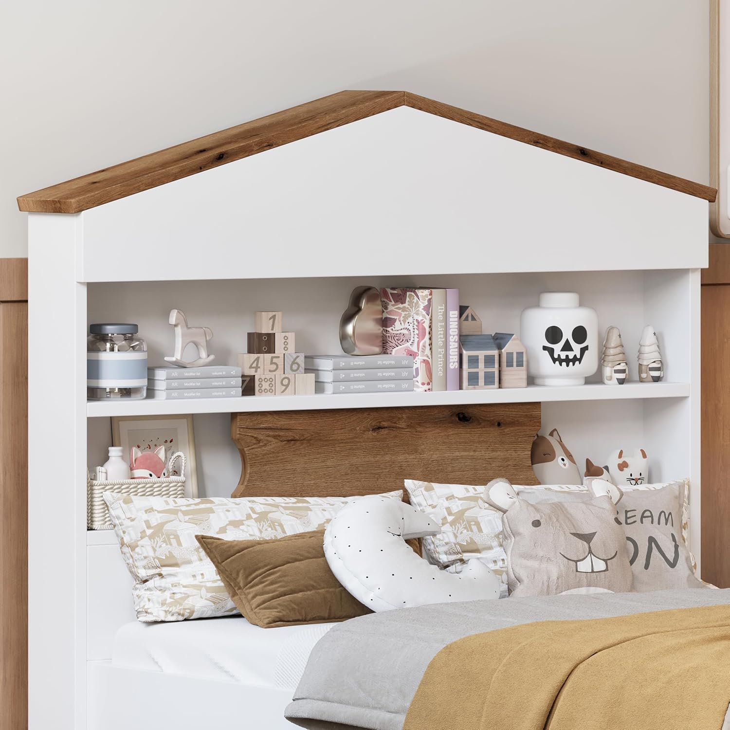 3 Pcs Bedroom Sets, Twin Size House Shaped Wooden Bed with Storage Drawers, Nightstand with Colorblock Design and House Shaped Stroage Rack, Brown+White
