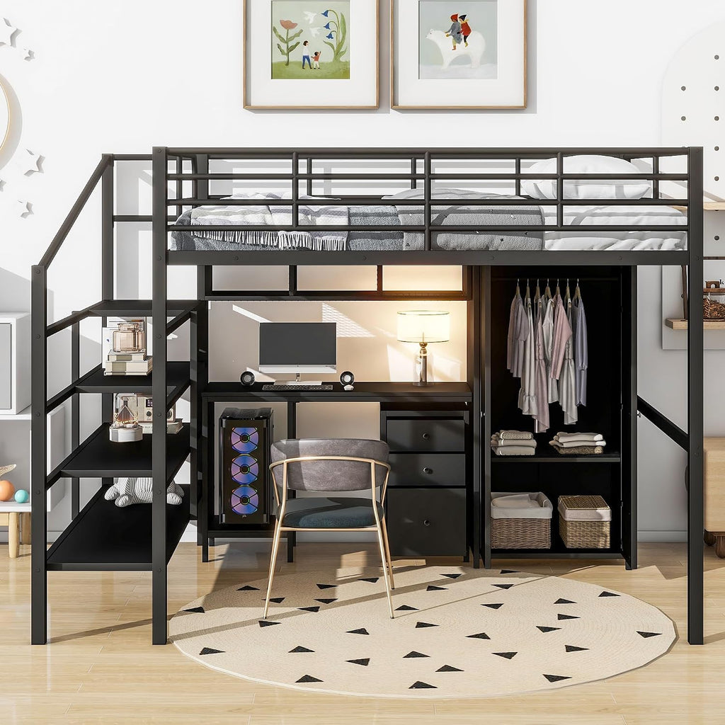JIVOIT Metal Loft Bed Frame with Table Set, Full Size Storage Loft Bed with Wardrobe and 4-Layers Ladder, Full-Length Guardrails and Metal Slats Support, Space-Saving Bed Frame for Kids Teens