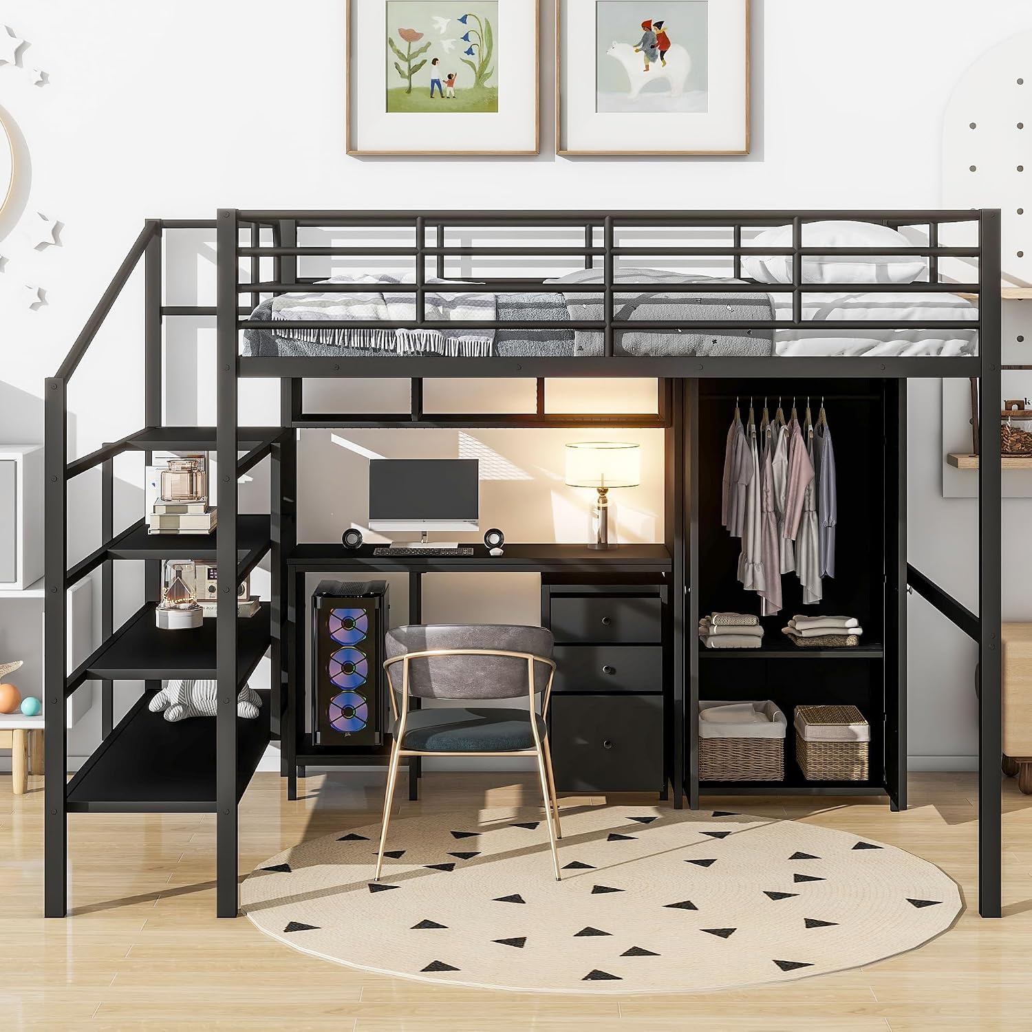 JIVOIT Metal Loft Bed Frame with Table Set, Full Size Storage Loft Bed with Wardrobe and 4-Layers Ladder, Full-Length Guardrails and Metal Slats Support, Space-Saving Bed Frame for Kids Teens