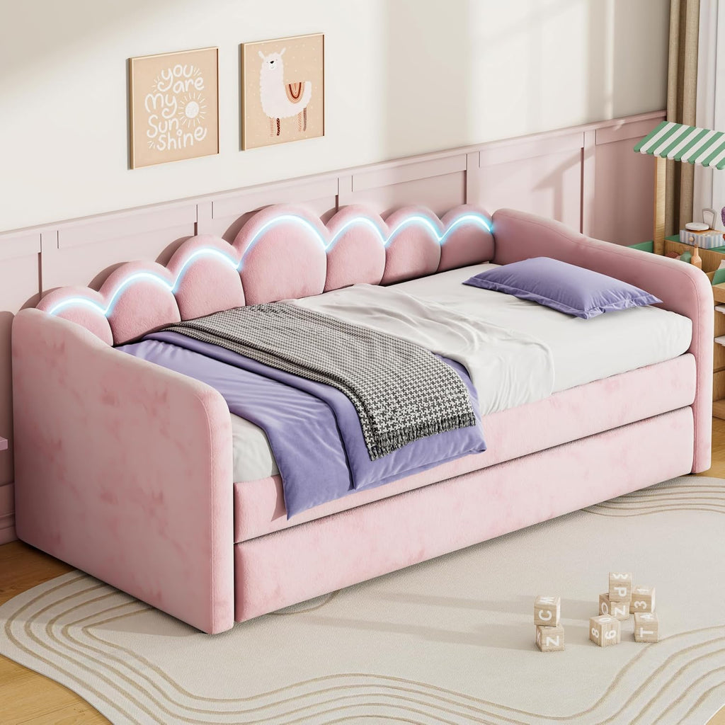 LUMISOL Upholstery Daybed with Trundle, Twin XL Upholstered Daybed with LED Light, Tufted Corner Sofa Bed Furniture for Bedroom Guest Living Room, Pink