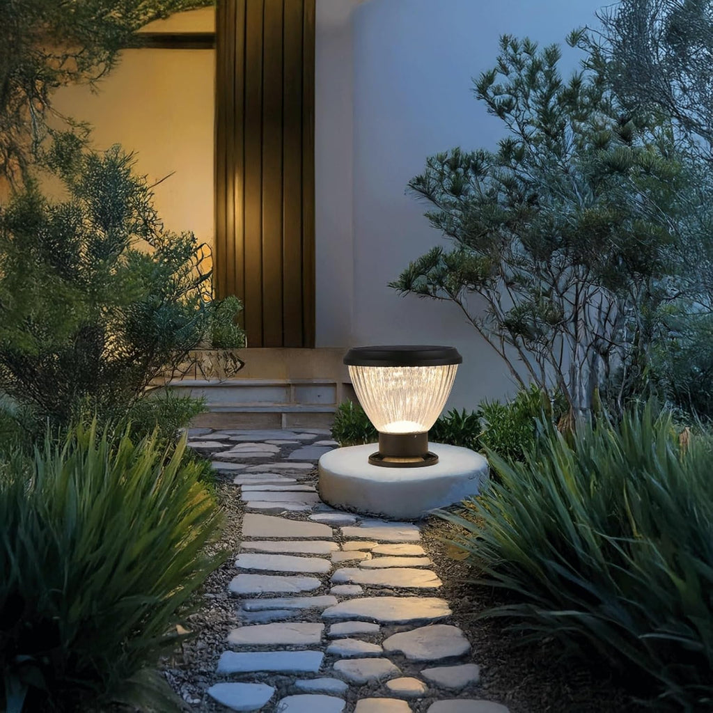 Solar Post Light, IP65 Outdoor Bollard Light, LED Solar Pillar Lamp, Round Column Lantern with Light Control, Aluminum and PC Exterior Garden Lighting Fixture for Yard Pathway Driveway