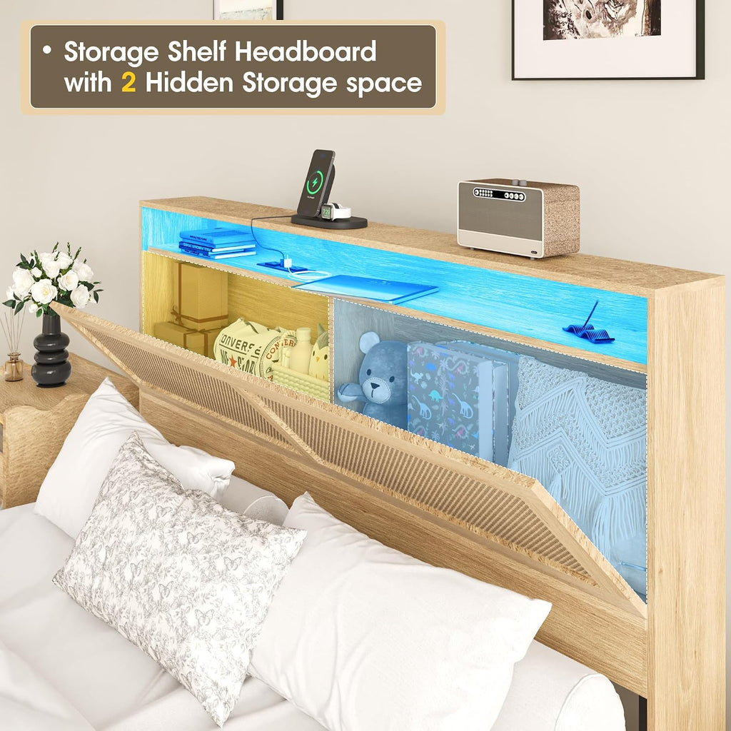 Fameill Full Bed Frame with LED Light and 4 Drawers, Rattan Hidden Storage Headboard, Charging Station, Metal Platform Boho Bed Frame No Box Spring Needed