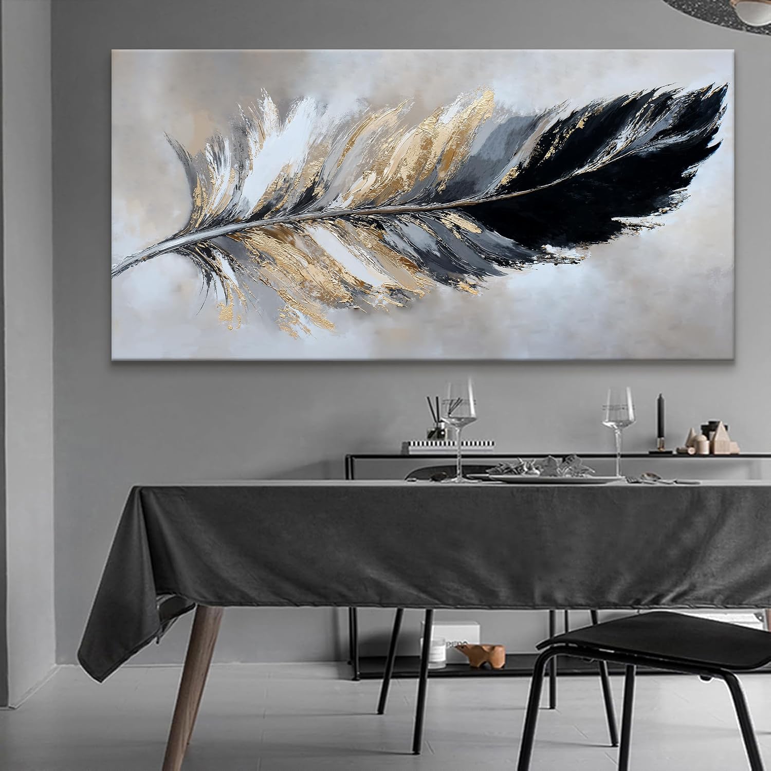 YISXINOAG Modern Abstract Wall Art Canvas Art Wall Decor Black and Gold Large Wall Art for Living Room Modern Home Decorations Abstract Art Prints Minimalist Feather Home Artwork Size 39'X78'