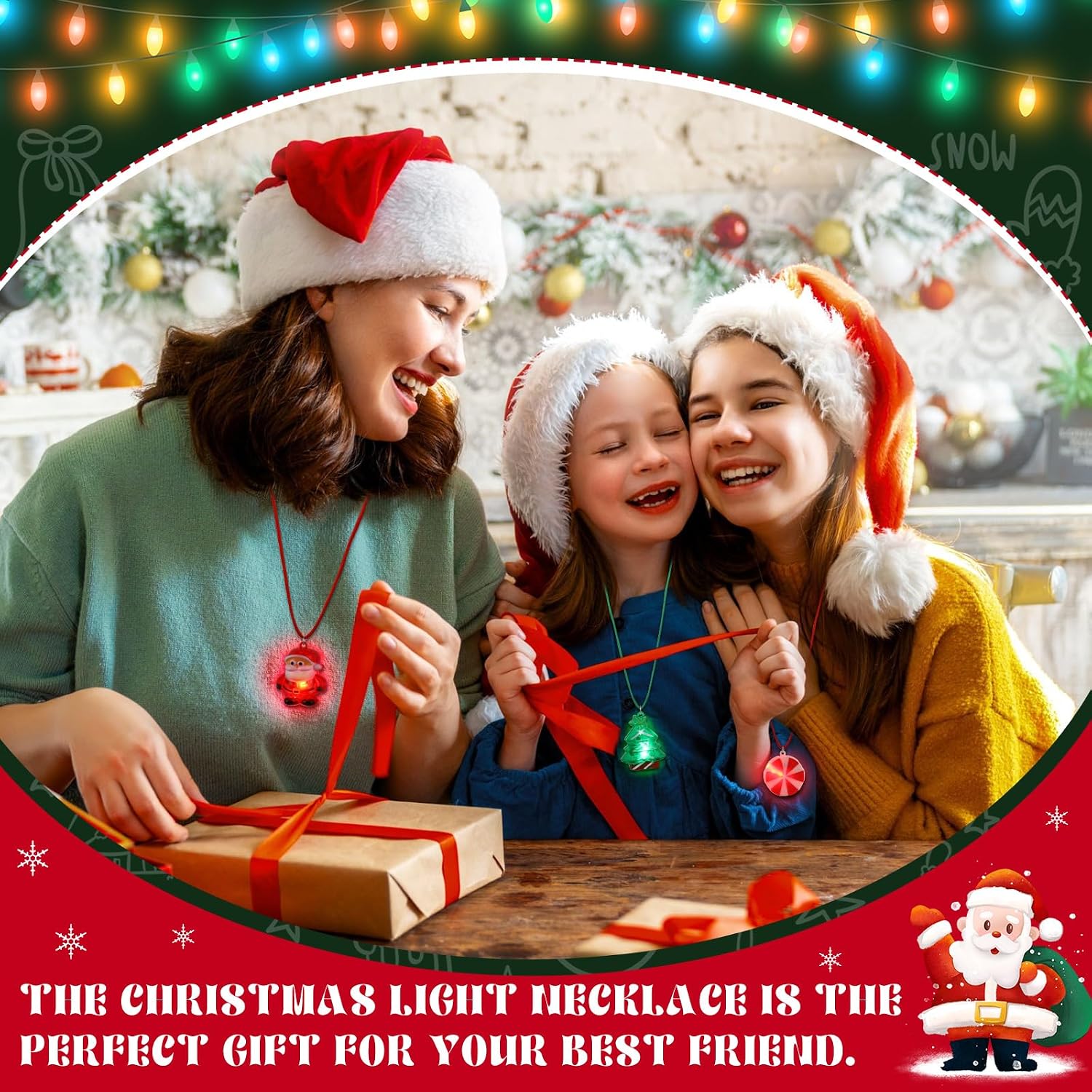 Sumind 200 Pcs Light up Christmas Bulb Necklaces Xmas LED Necklaces Santa Claus Lights Necklace Party Favors Christmas Tree Snowman Snowflake Candy Decorations