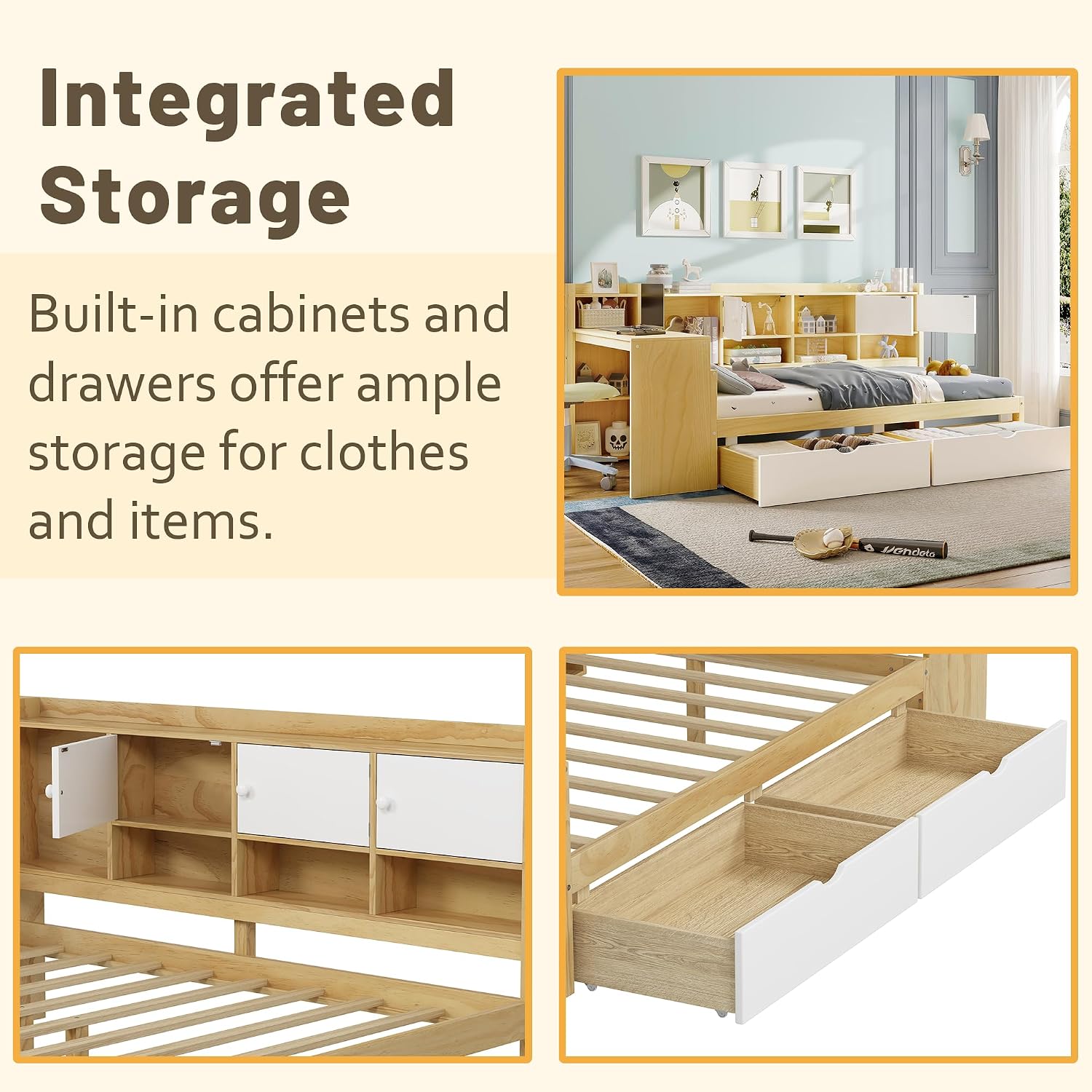 Twin Bed Frames with Storage, L-Shaped Corner Beds with Desk, Wood Daybed with Bookcase, Platform Beds with Drawers and Shelves for Living Room, Bedroom, Teens Room, Natural