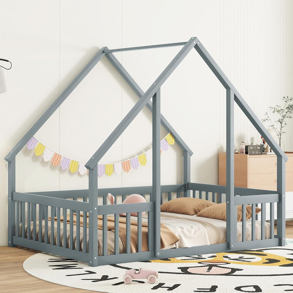 JIVOIT House Bed Full Size Floor Bed, Full Wood House-Shaped Floor Bed with Fence and Guardrails, Wood House Roof Frame, Montessori Floor Bed Frame (Grey-Full,129)
