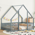 JIVOIT House Bed Full Size Floor Bed, Full Wood House-Shaped Floor Bed with Fence and Guardrails, Wood House Roof Frame, Montessori Floor Bed Frame (Grey-Full,129)
