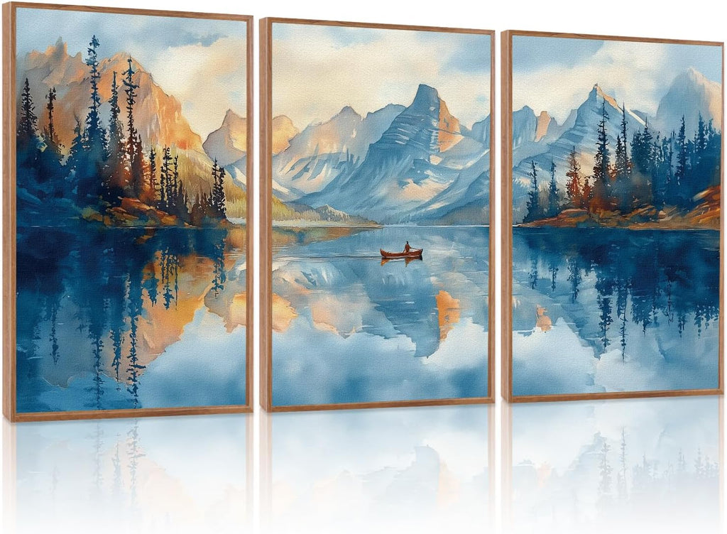 KAIRNE Landscape Wall Art Set of 3(24'X36'),Abstract Forest Canvas Paintings,Watercolor Blue Mountain Lake Prints,Framed Nature Scenery Artwork for Living Room Bedroom Home Office Gallery Decoration