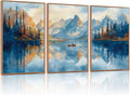 KAIRNE Landscape Wall Art Set of 3(24'X36'),Abstract Forest Canvas Paintings,Watercolor Blue Mountain Lake Prints,Framed Nature Scenery Artwork for Living Room Bedroom Home Office Gallery Decoration