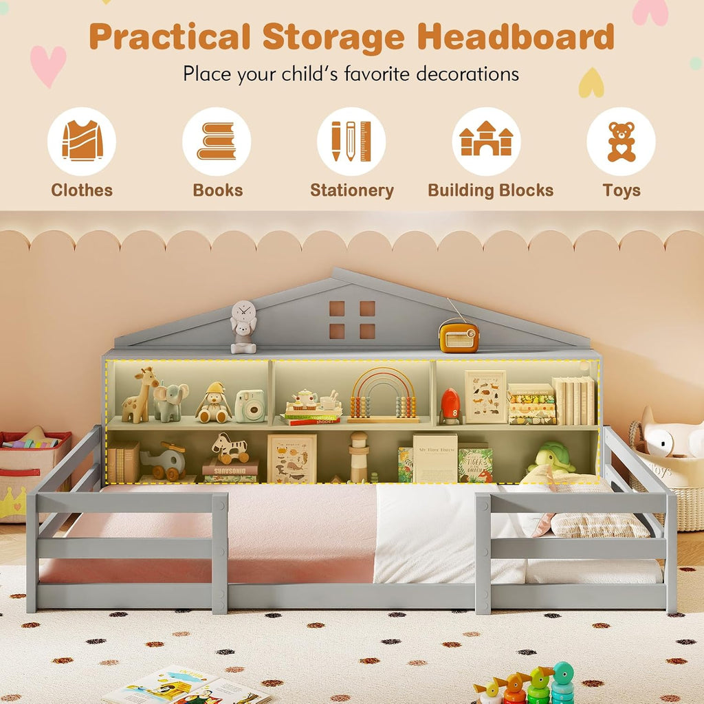 BECOMFORT Twin Floor Bed with LED Lights, 2-in-1 Kids Twin Floor Bed Frame with Bedside Bookcase & Safety Guardrails, Montessori Bed for Boys Girls