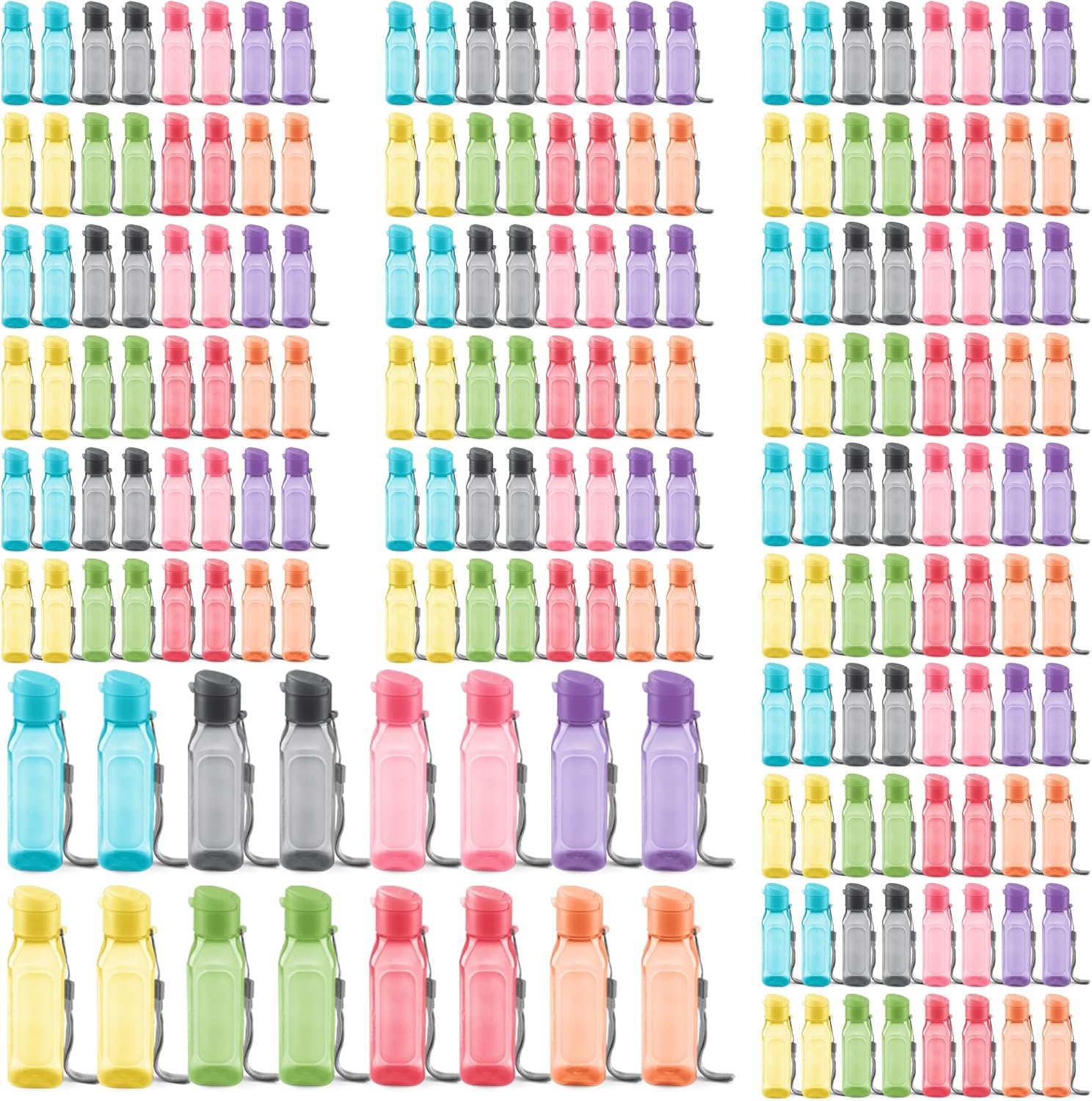 Bulk Multicolor Water Bottles Set of 192 10oz Leak Proof with Carry Strap Square Reusable for Kids and Adults BPA-Free Dishwasher-Safe