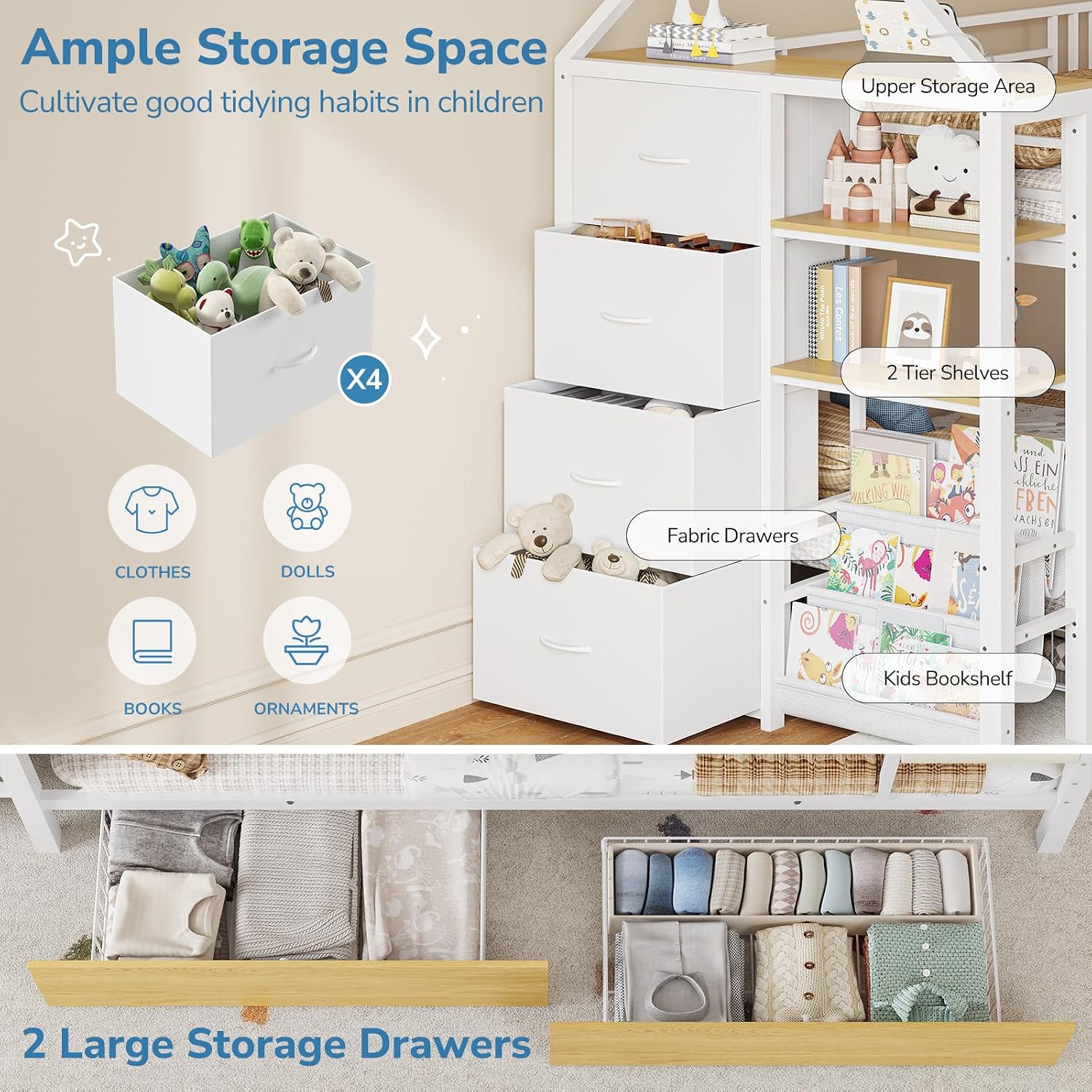 Twin Bunk Bed for Kids with 6 Storage Drawers, Montessori Bookshelf, House Shaped Bed with Globe String Lights and USB Ports, Metal Low Bunk Bed Twin Over Twin with Safety Guardrail and Ladder, White