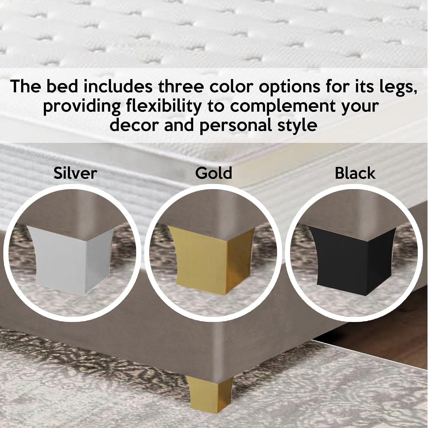 Greaton, Suede Upholstered Bed Frame, Decorative Attractive Headboard, Long Lasting Durable, Includes 3 Color Legs to Choose Gold, Silver and Black, Twin, Taupe
