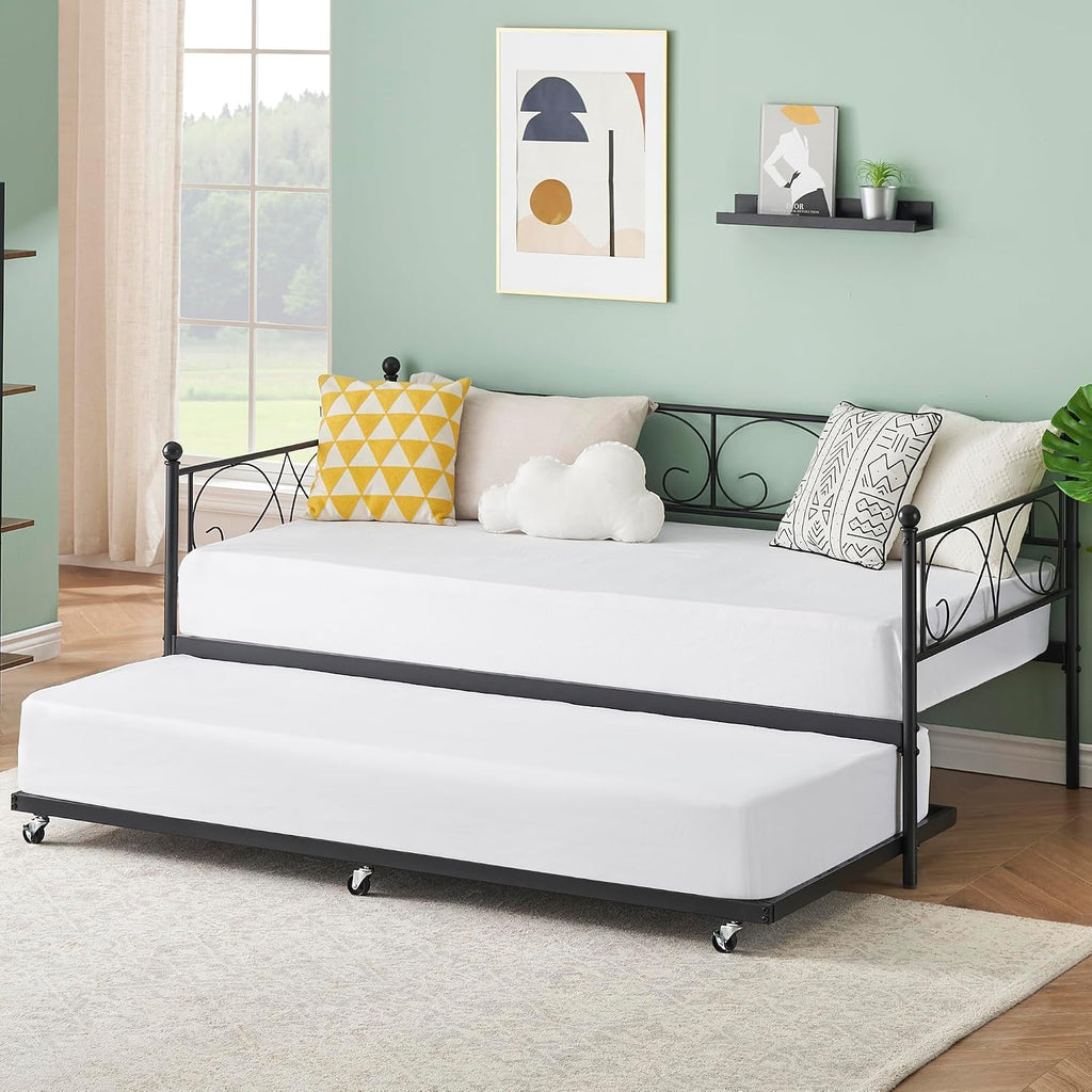 TrailBlaze Modern Space-Saving Twin Metal Daybed with Trundle - Heavy Duty Frame, Stylish Curved Floral Headboard, No Box Spring Needed, Perfect for Bedroom, Living Room, Guest Room - Black Suit, One