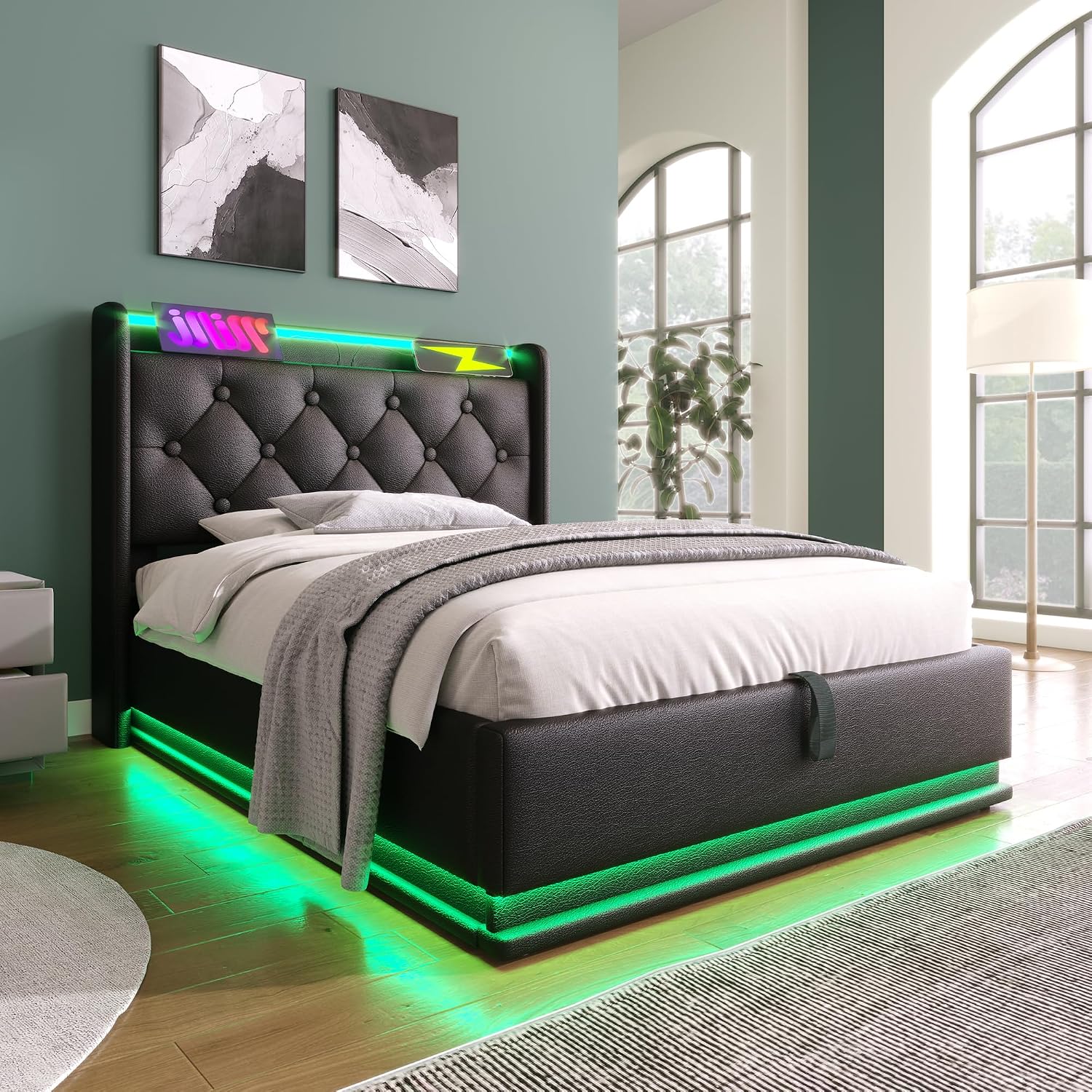 Twin Size Lift Up Storage Bed Frame with Button Headboard and Storage Smart Bed with 360 Surround LED Function Upholstered Platform Bed USB Type-C Charging Easy Assembly (Black, Twin)