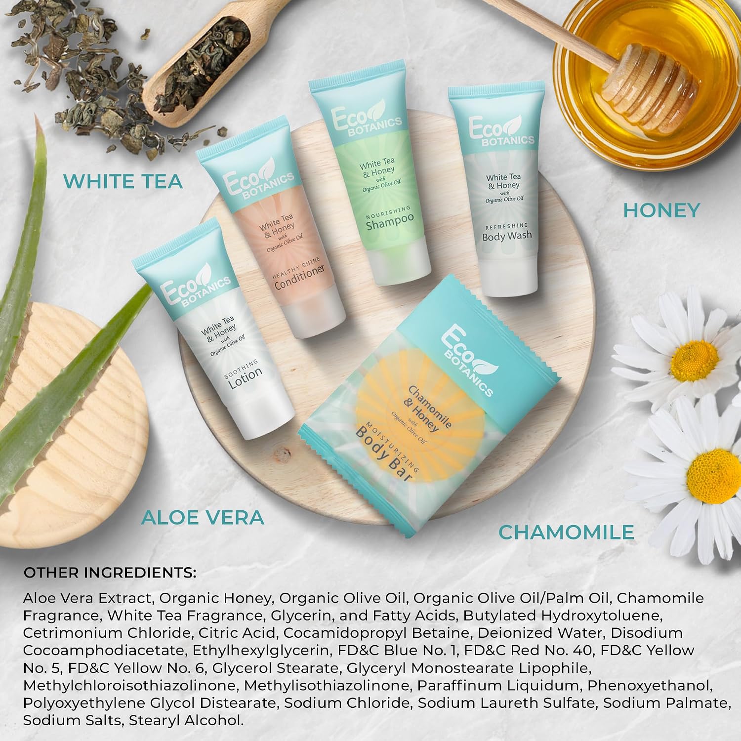 Travel Size Hotel Toiletry Set 150 Count 0.85 oz Bottles Guest Amenities for Vacation Rentals and Short Term Rentals Paraben Free White Tea Scent Infused with Aloe and Olive Oil by Eco Botanics