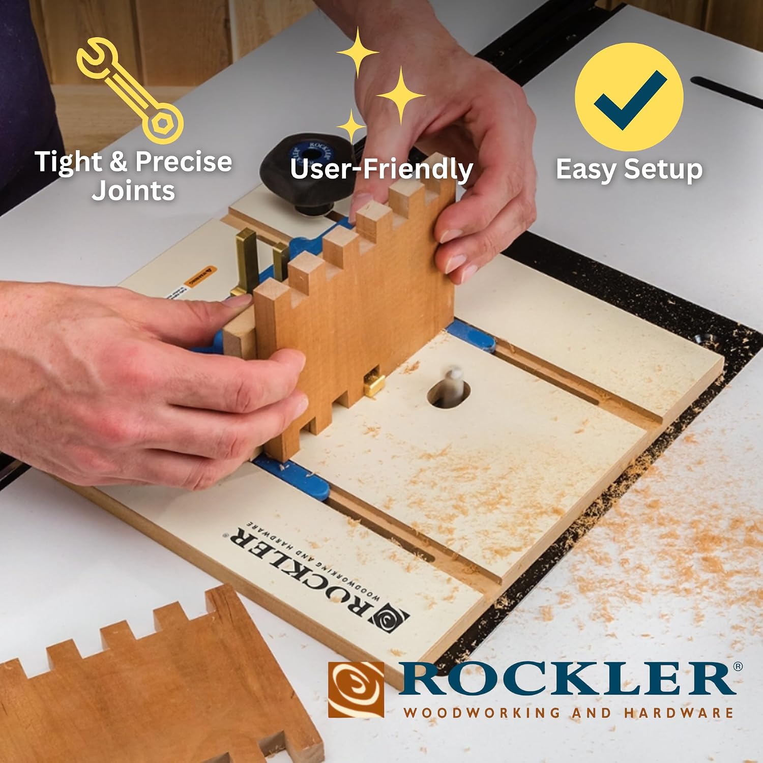 Router Table Box Joint Jig - Finger Joint Indexing Keys w/Three Finger Widths ¼', ⅜' & ½' - Stable MDF Router Fence w/Low-Friction Melamine Coating - Knobs to Lock Platform w/ ¾' Miter Slot