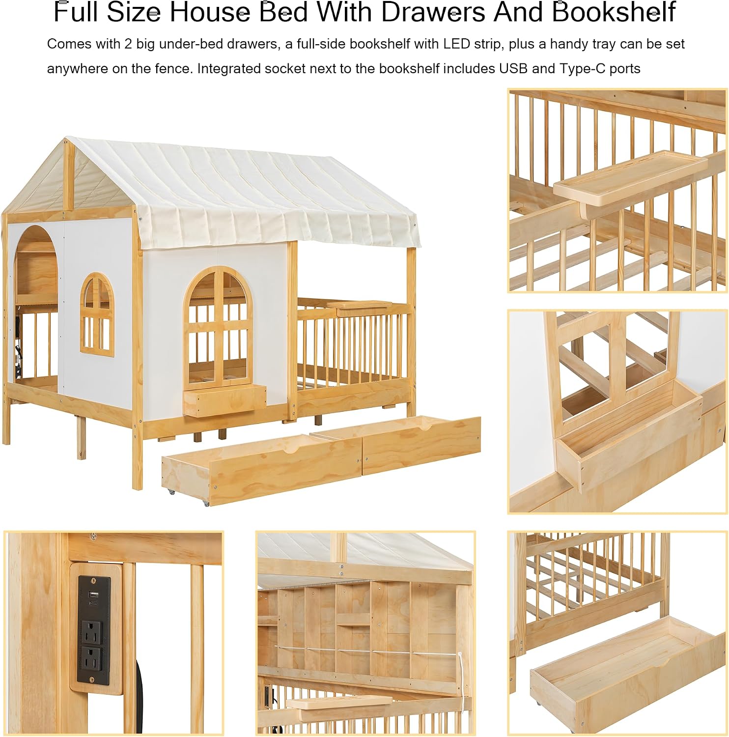 Polibi Full Size House Platform Bed with 2 Drawers, Side Bookshelf, LED Strip & Charging Station - High Safety Guardrails, for Kids (Natural)