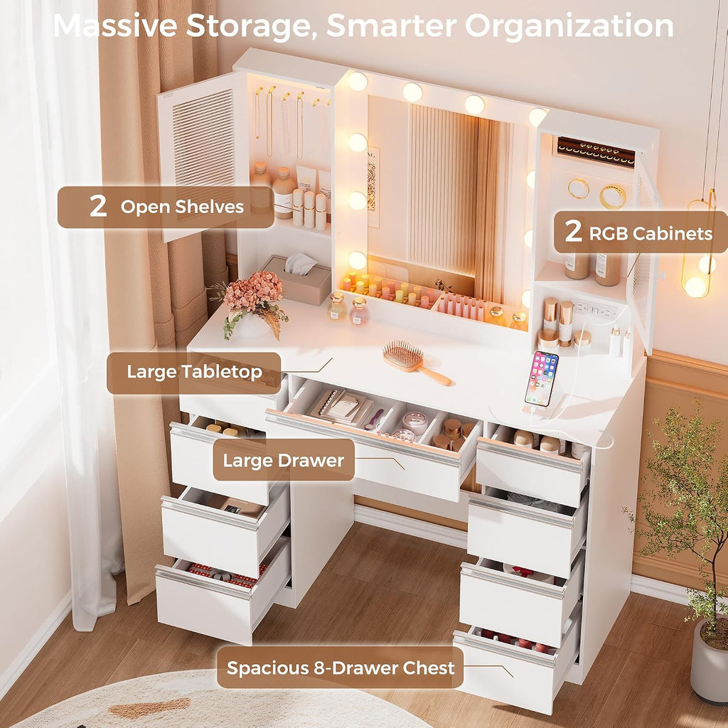 ERLEJIA Vanity Desk with Mirror and Lights, 42.52' 9 Drawer Makeup Table with 2 RGB Lighting Cabinets and Power Outlet for Girls and Ladies Bedroom, White