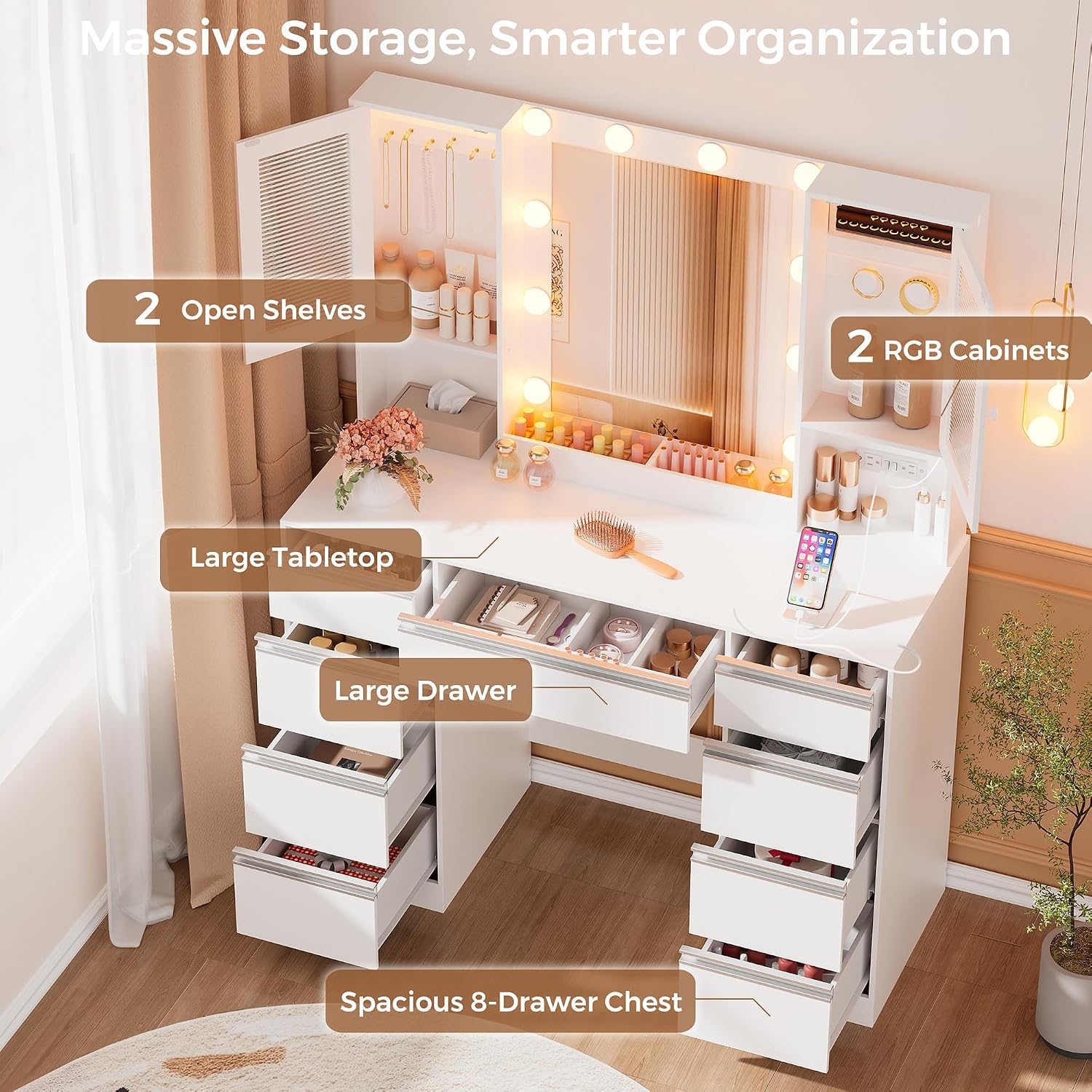 ERLEJIA Vanity Desk with Mirror and Lights, 42.52' 9 Drawer Makeup Table with 2 RGB Lighting Cabinets and Power Outlet for Girls and Ladies Bedroom, White