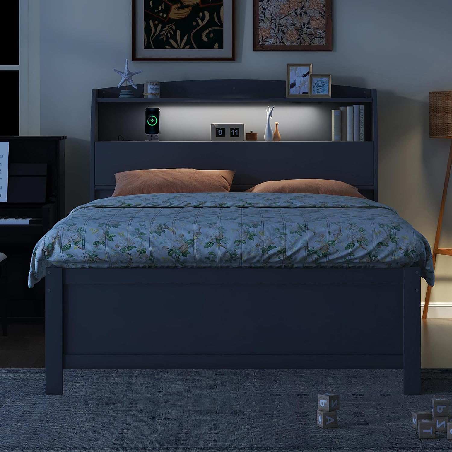 Merax Full Size Bed Frame with Flip-Up Storage Headboard, Gray Full Bed with 3 Drawers and Trundle, Wooden Bed Frame Full a Set of Sockets & USB Ports, No Box Spring Needed