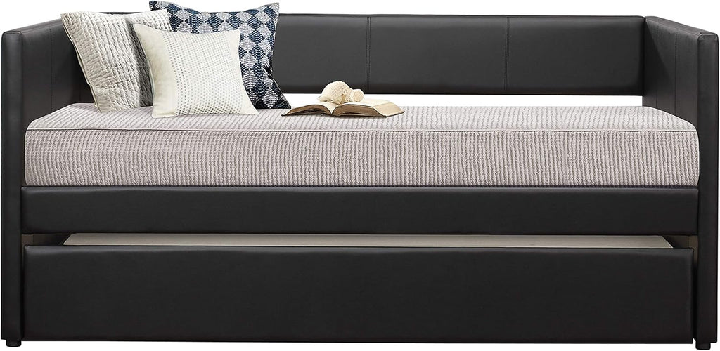 Homelegance Adra PU Leather Upholstered Daybed with Trundle, Twin, Black
