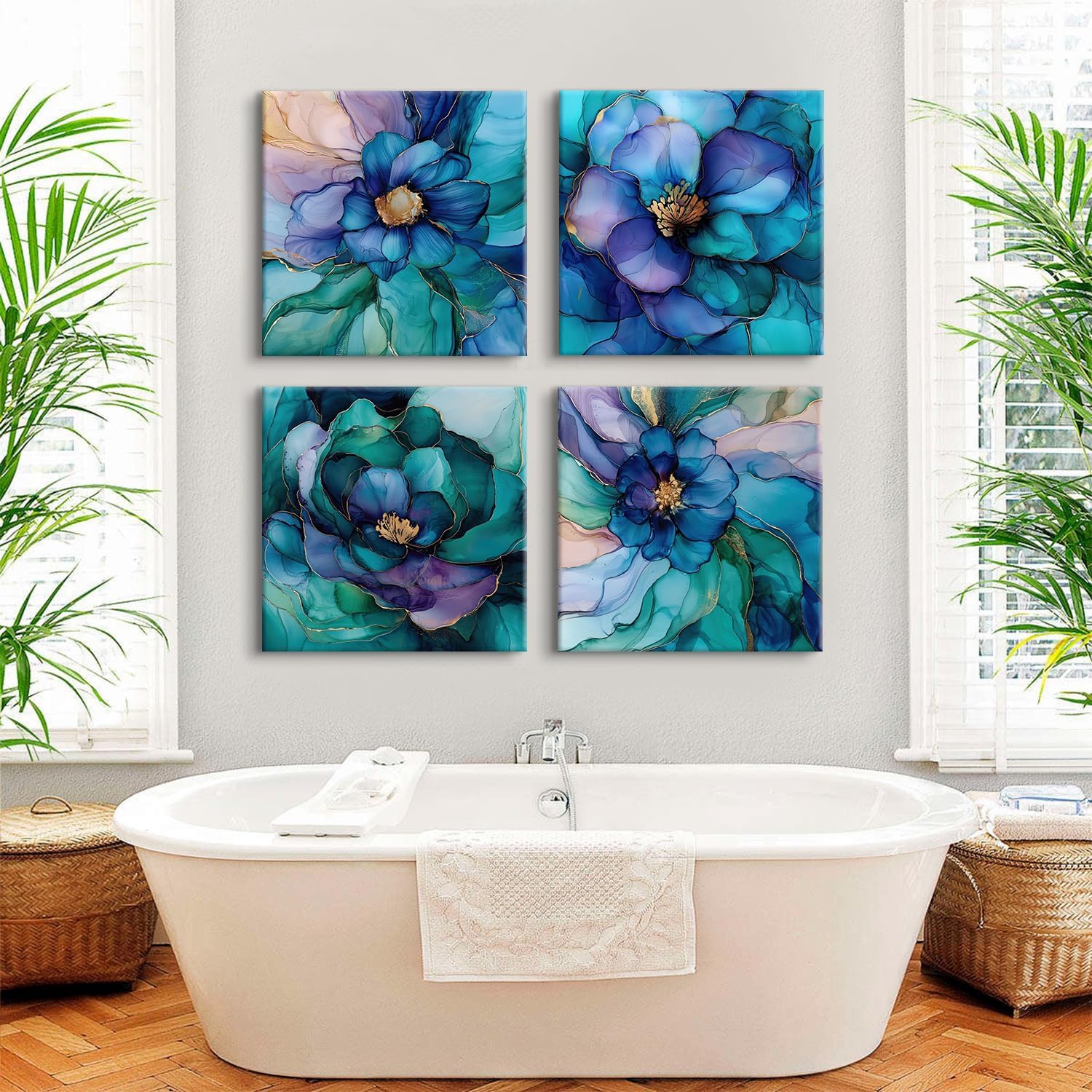 Abstract Wall Art Teal Blue and Gold Pictures Wall Decor Turquoise Floral Painting Colorful Flower Canvas Prints Poster Modern Abstract Artwork for Bedroom Living Room Home Decoration 24x24' 4Pcs