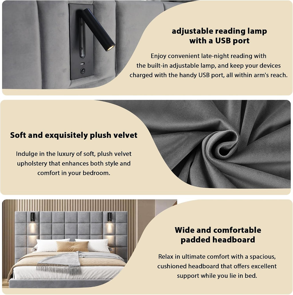 Merax Velvet Upholstered California King Size Bed Frame with Wide headboard and Small Reading Lamp with USB Port, Low Platform Bed Frame for Adults, Without Bedside Tables and Mattress, Gray