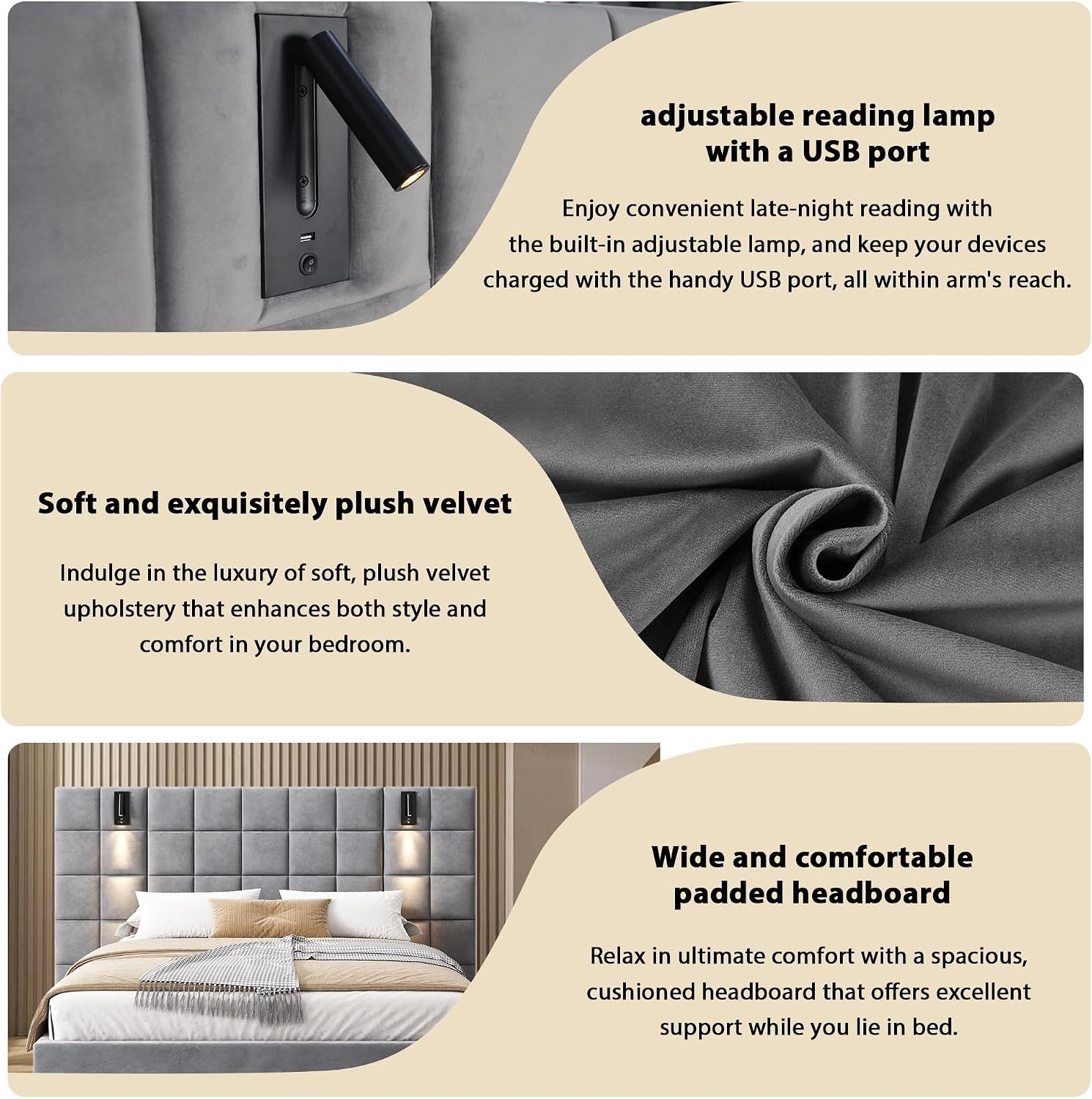 Merax Velvet Upholstered California King Size Bed Frame with Wide headboard and Small Reading Lamp with USB Port, Low Platform Bed Frame for Adults, Without Bedside Tables and Mattress, Gray