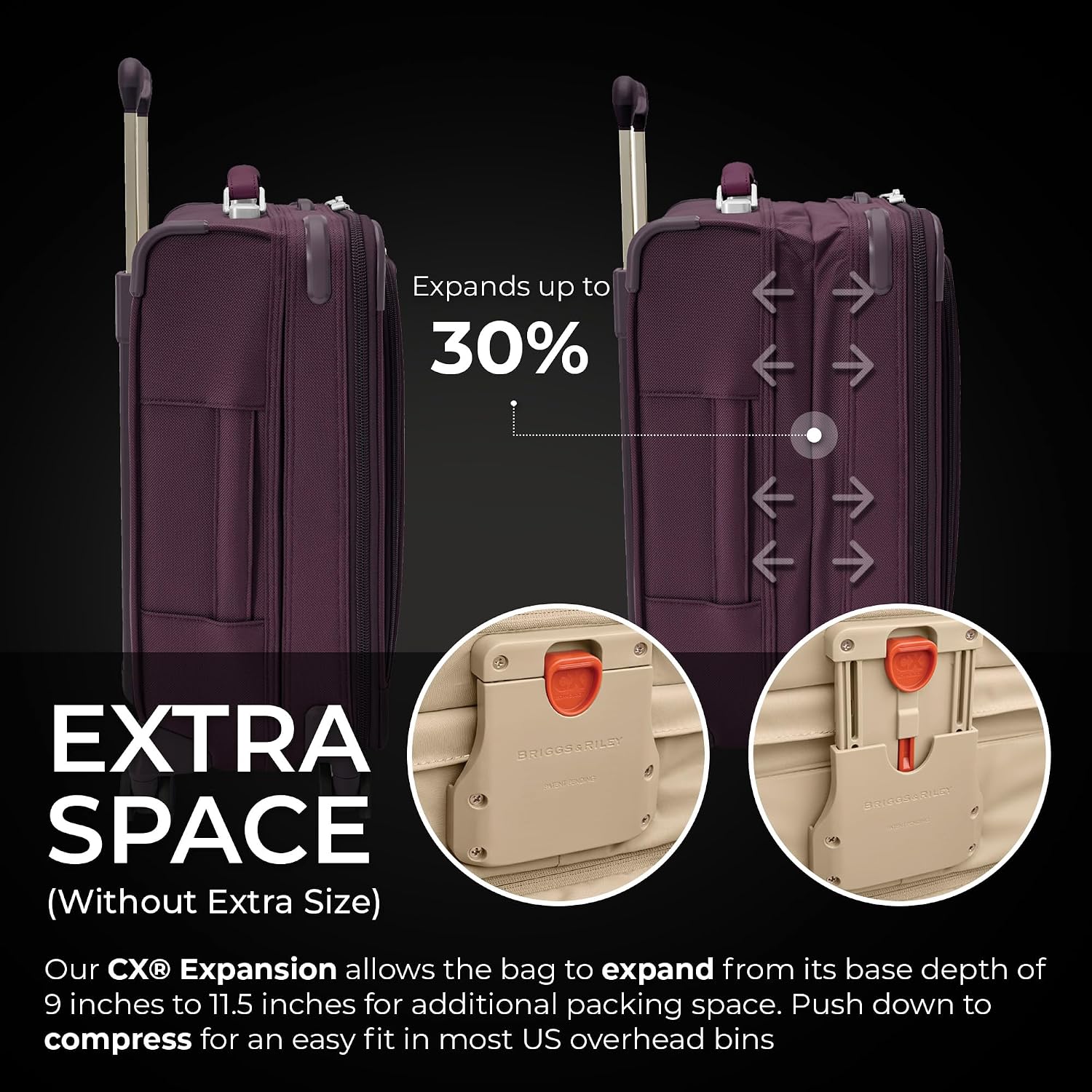 Briggs & Riley 21' Global Carry On Expandable Spinner - Luggage for International Travel, Suitcases with Wheels, Softside Rolling Bag for Men & Women, Self-Repairing Zipper - Baseline Collection, Plum