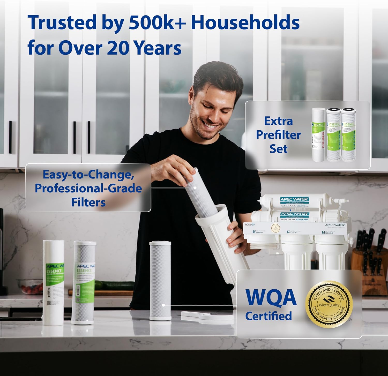 APEC Water ROES-50X 5-Stage Under Sink Reverse Osmosis Water Filter System, NSF Certified 372 & 58, 50 GPD, with Extra High Capacity Pre-Filter Set Stage 1-3