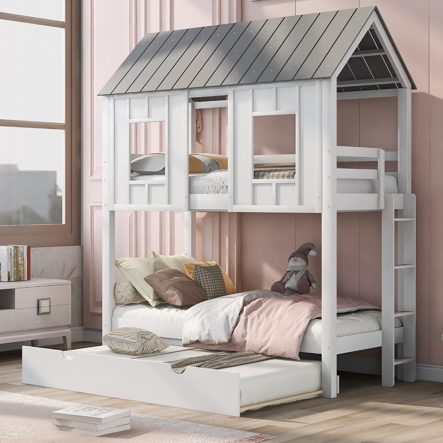 Twin Over Twin Bunk Bed for Kids Toddlers, House Bunk Bed Farm with Trundle/Roof/Windows/Guardrail for Girls/Boys, No Spring Box Required