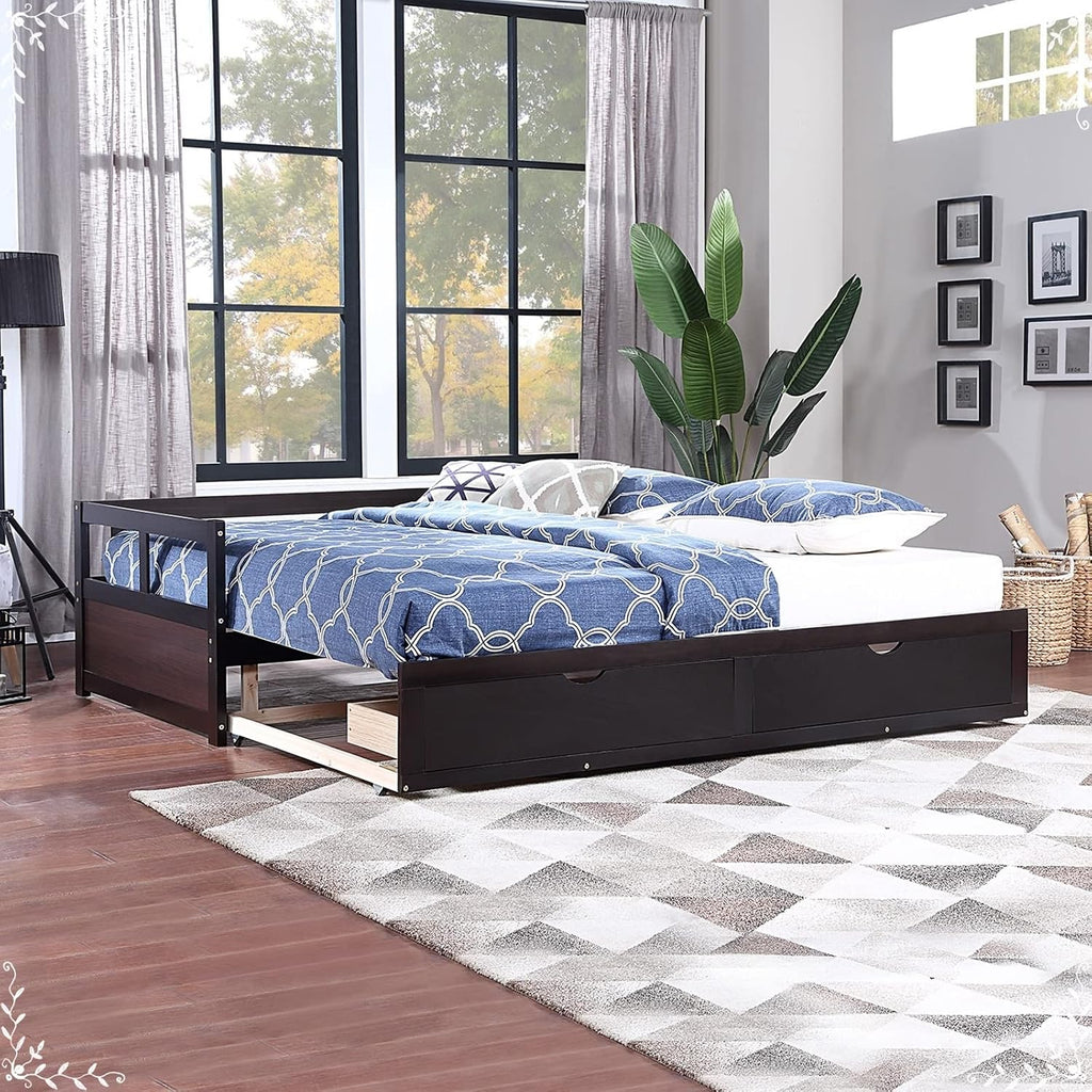 Sofa Bed Twin Size, Minimalist Bed Frame Espresso with 2 Storage Drawers with Solid Wood Slats Daybed for Bedroom Living Room