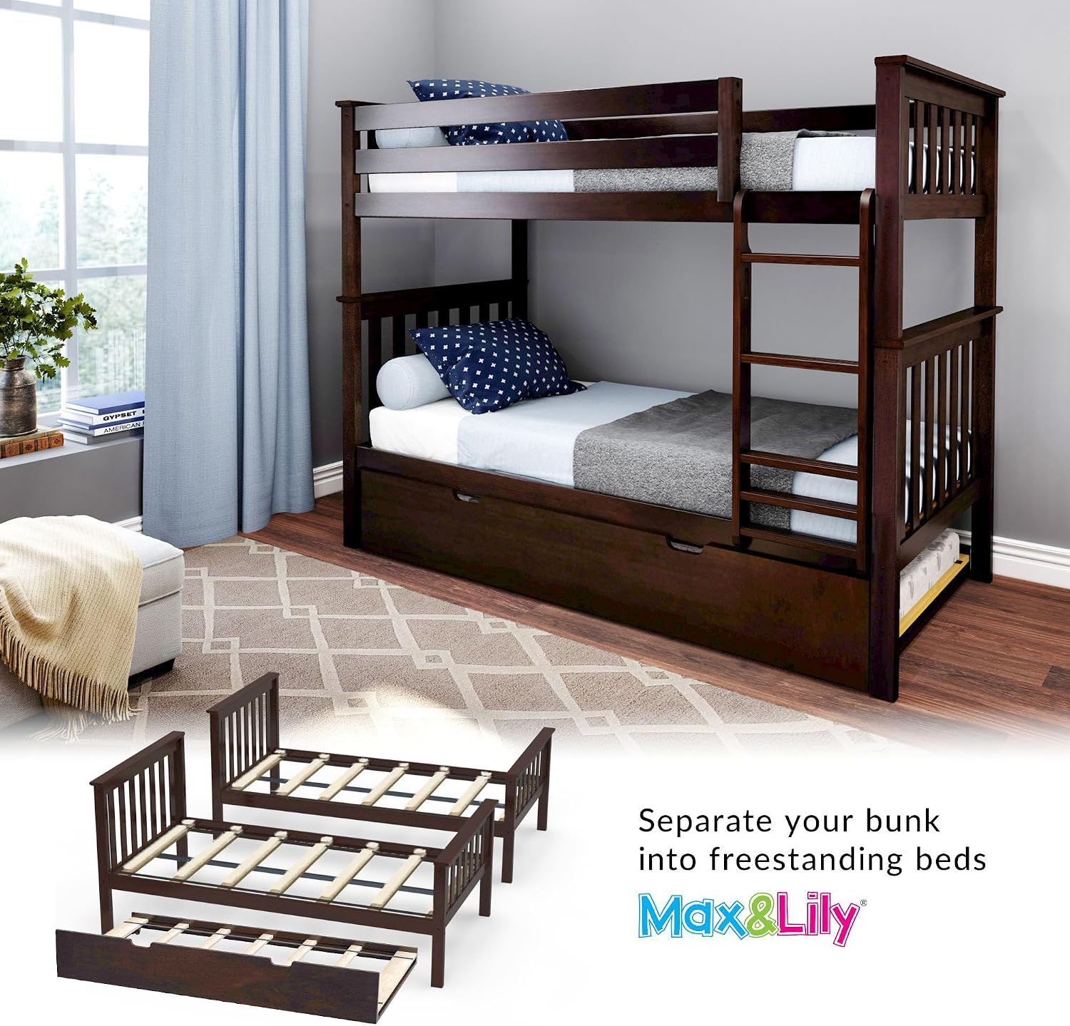 Max & Lily Bunk Bed, Twin-Over-Twin Wood Bed Frame For Kids With Trundle, Espresso