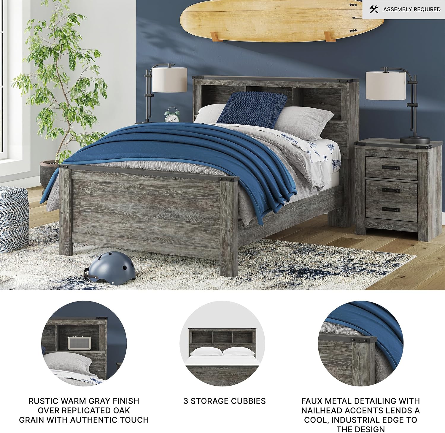 Signature Design by Ashley Frandern Rustic Bookcase Panel Bed with Nailhead Accents, Foundation or Box Spring Needed, Full, Gray