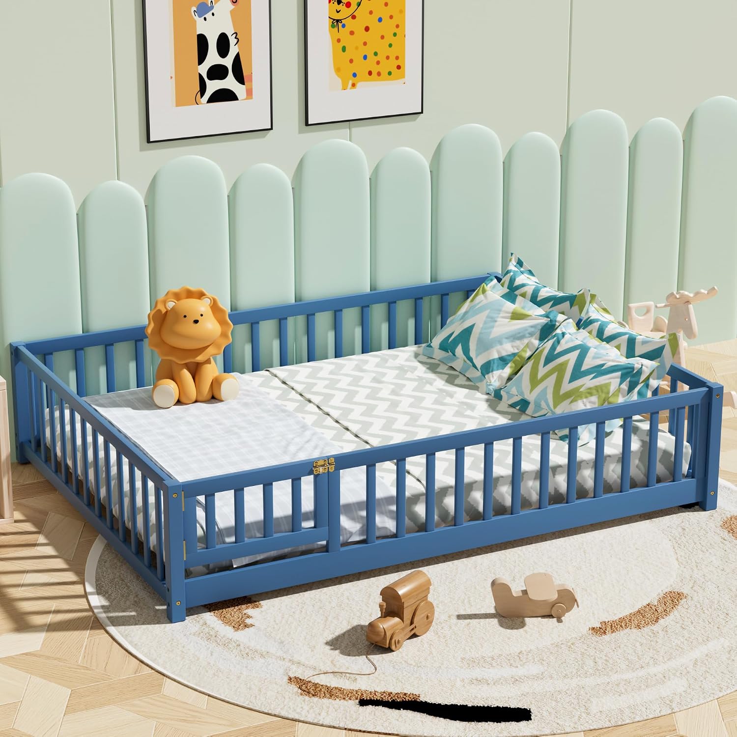 i-POOK Full Floor Bed Frame with Wood Slats, High Fence & Small Door, Pinewood Montessori Floor Bed for Girls and Boys, Mist Blue