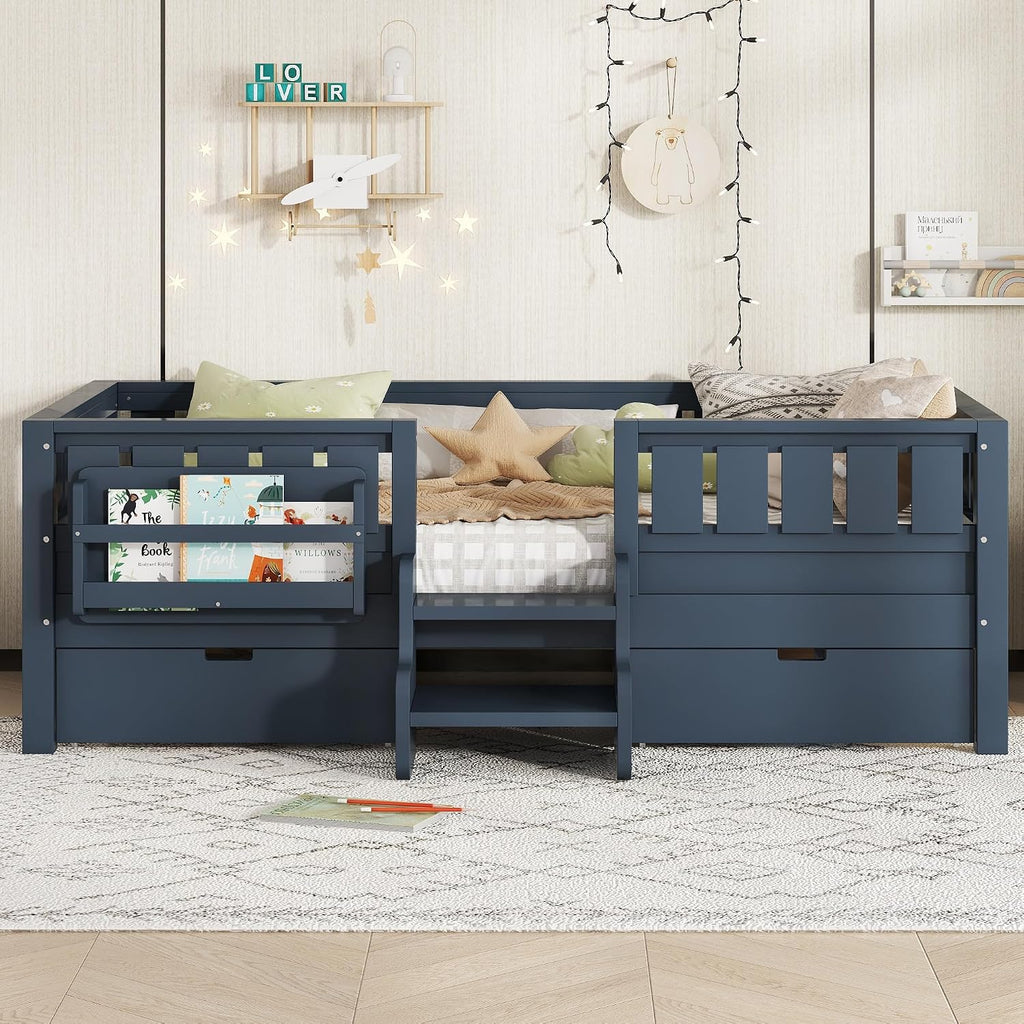 Bellemave Twin Kids Montessori Bed with Stairs, Bookshelf and Drawers, Solid Wood Kids Bed Frame with Storage for Boys Girls, Low Profile,Blue