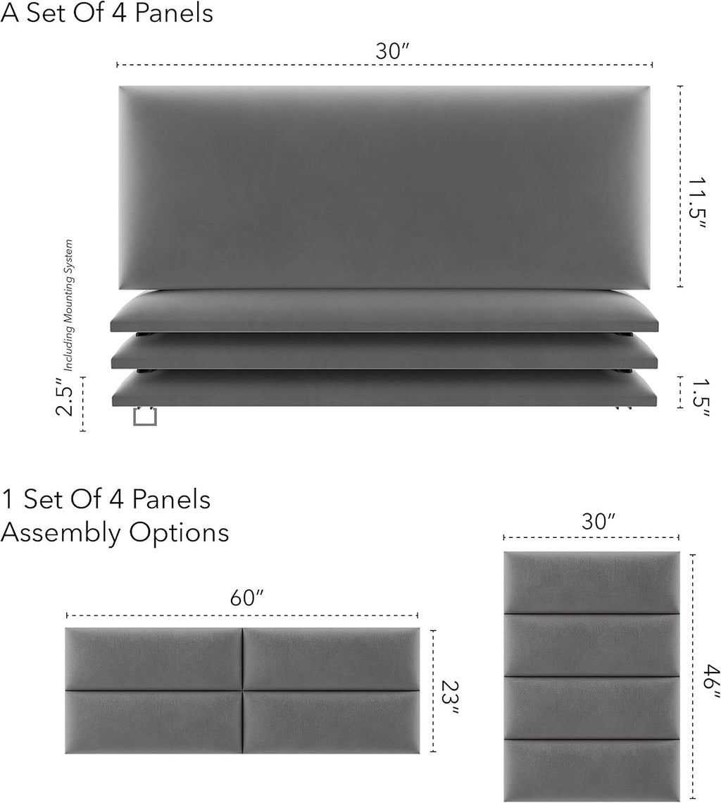 Vänt Upholstered Wall Panels - Queen/Full Size Wall Mounted Velvet Headboards - Velvet Smoke Grey - Set of 4 Panels (Each Individual Panel 30'x11.5')