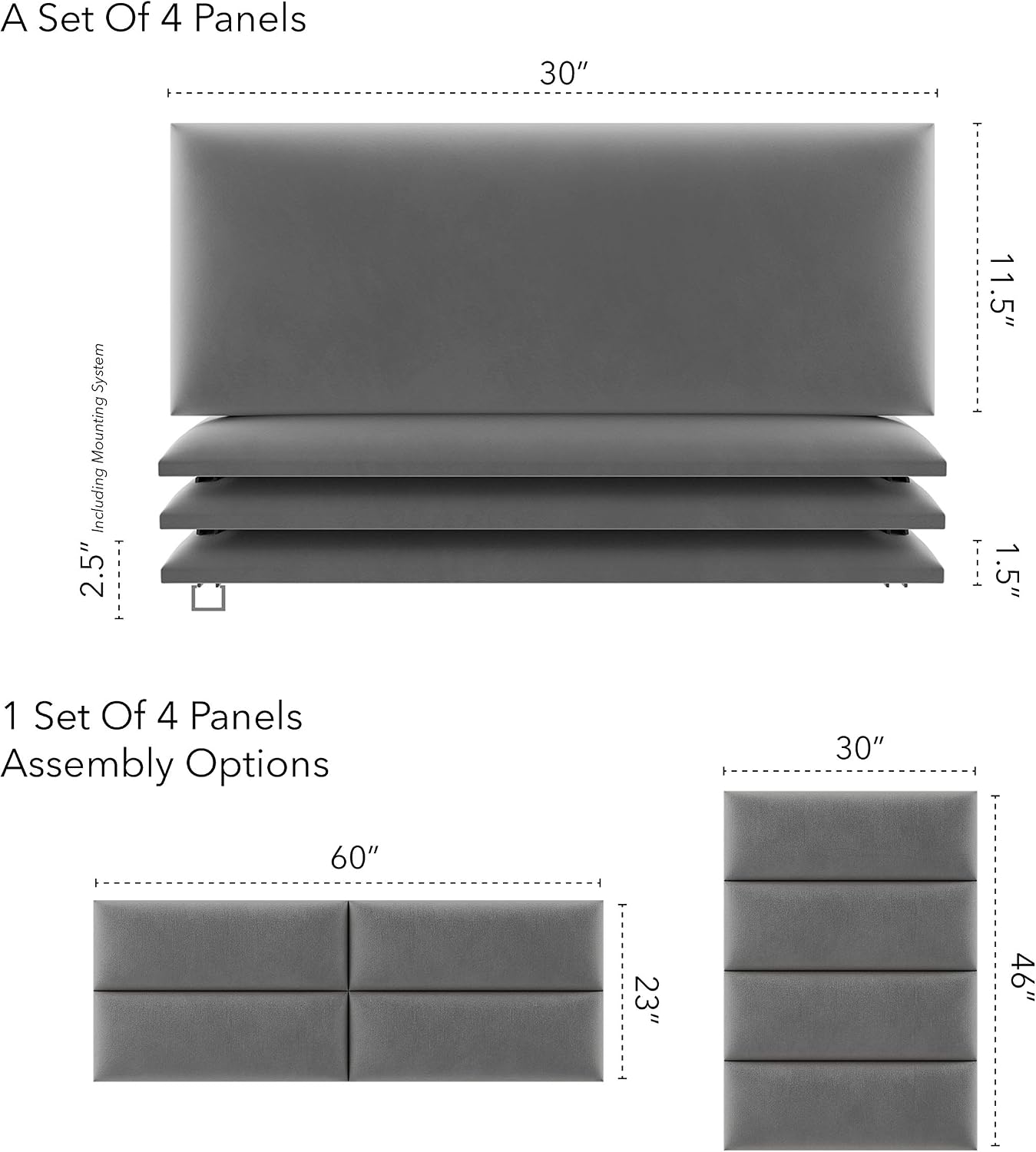 Vänt Upholstered Wall Panels - Queen/Full Size Wall Mounted Velvet Headboards - Velvet Smoke Grey - Set of 4 Panels (Each Individual Panel 30'x11.5')