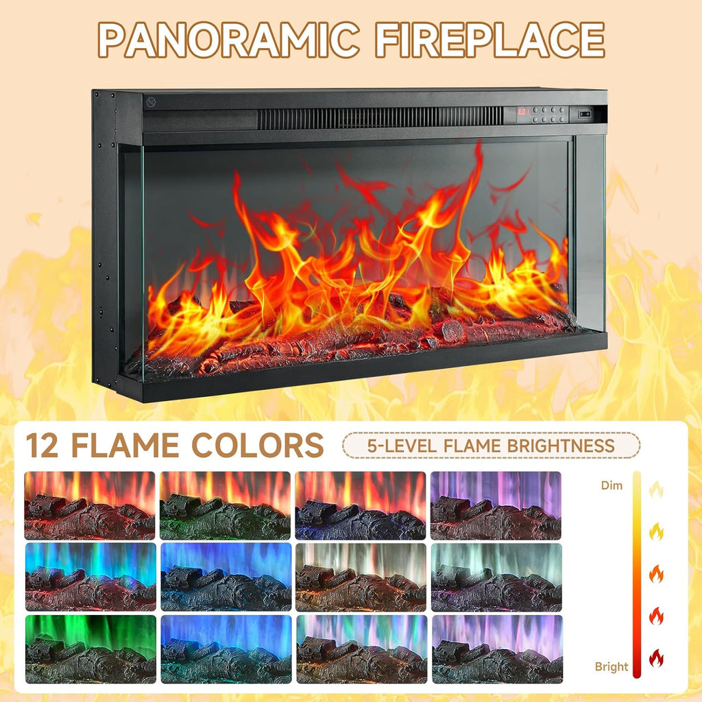 ROCKPOINT 3 Sided Glass 70' Fireplace TV Stand for TVs up to 80inch, Media Entertainment Center with Glass Door Storage Cabinet,36' Electric Fireplace with LED Light and Flame Colors,Grey